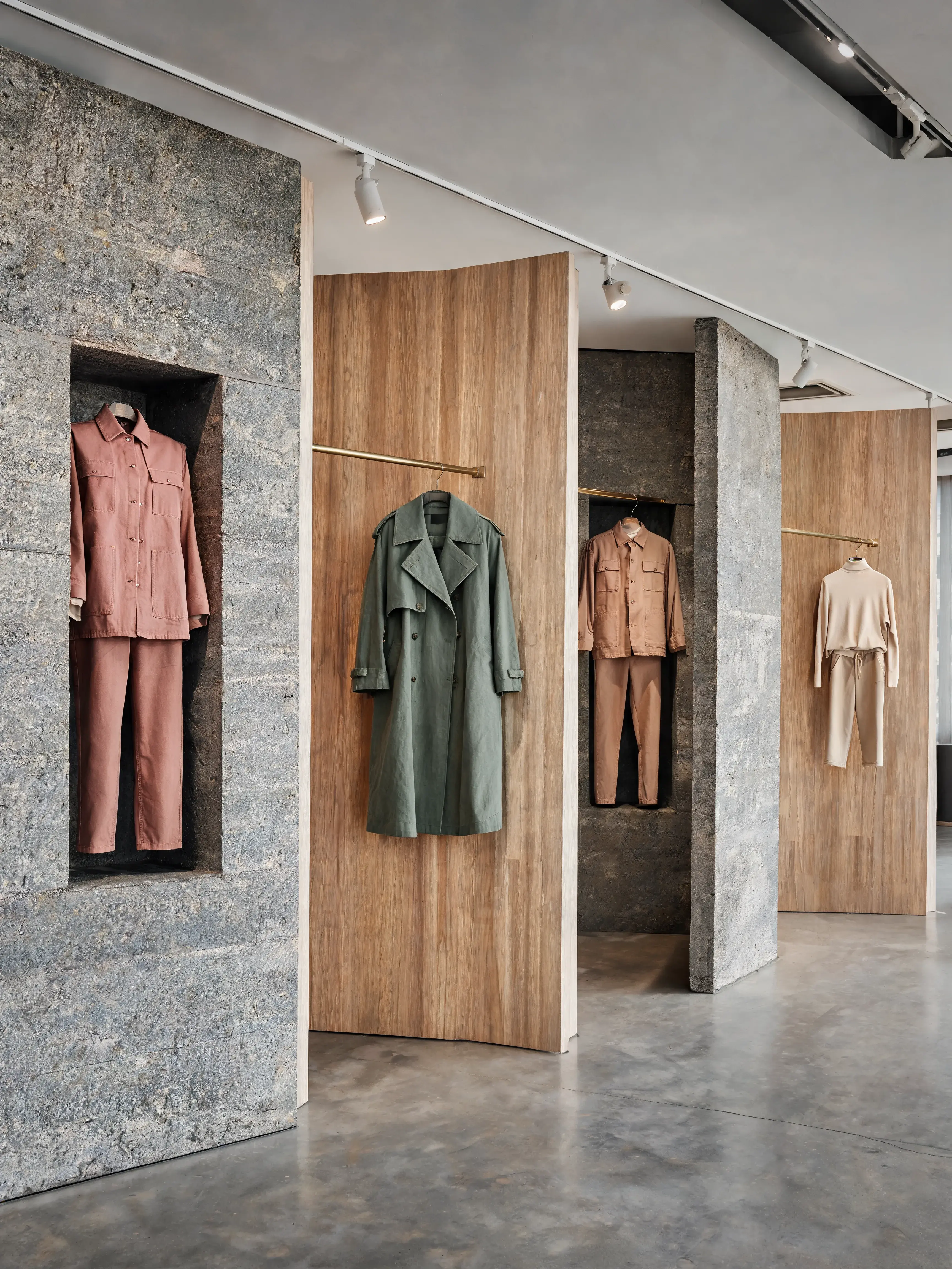 Boutique mode panneaux bois – niches béton, portants vêtements terracotta vert beige, couloir lumineux
