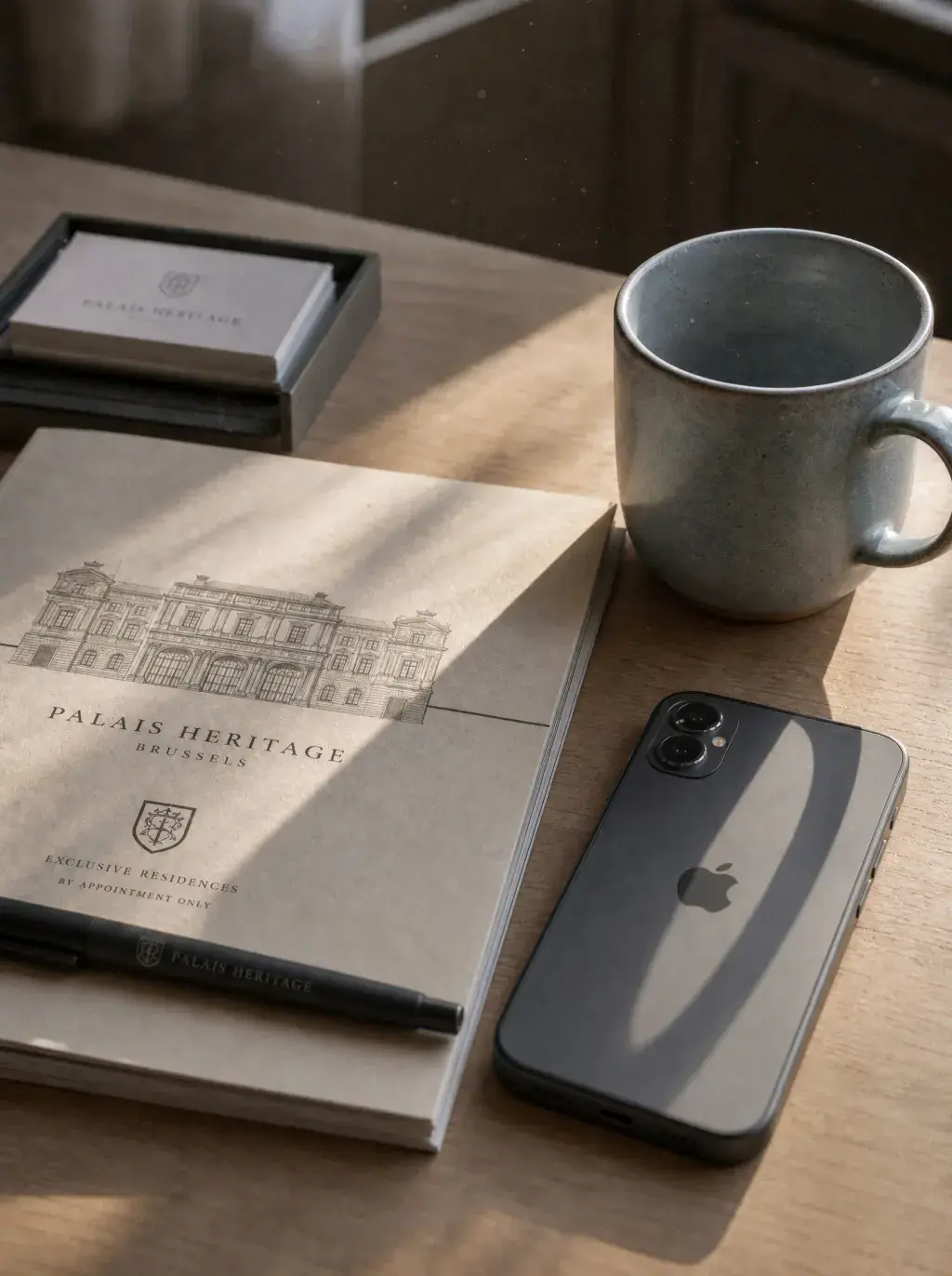 Brochure Palais Heritage Brussels, iPhone et mug en céramique sur table en bois à la lumière du matin