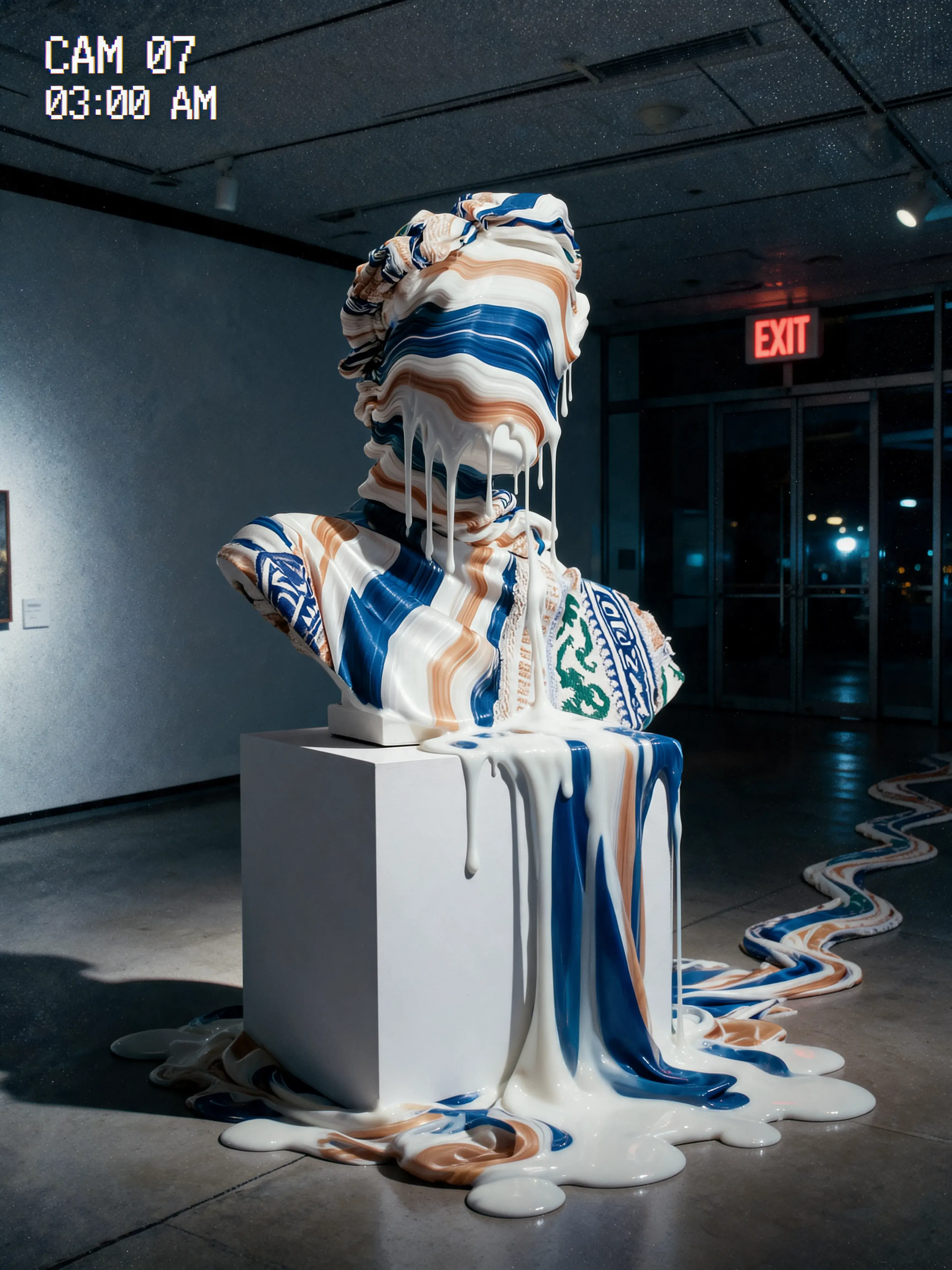 Buste classique marbré coulant en galerie nocturne – sol réfléchissant, caméra surveillance