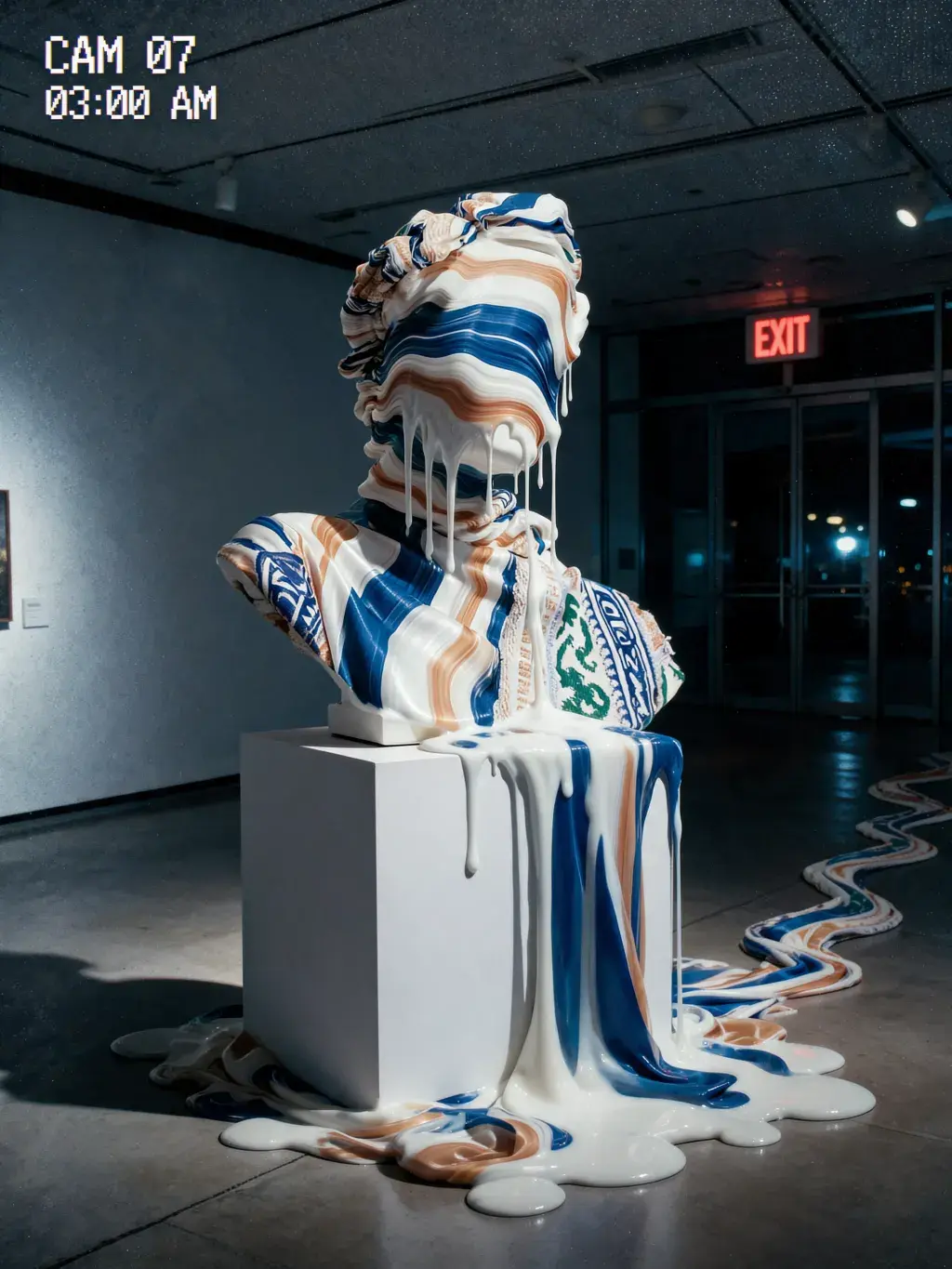 Buste classique marbré coulant en galerie nocturne – sol réfléchissant, caméra surveillance