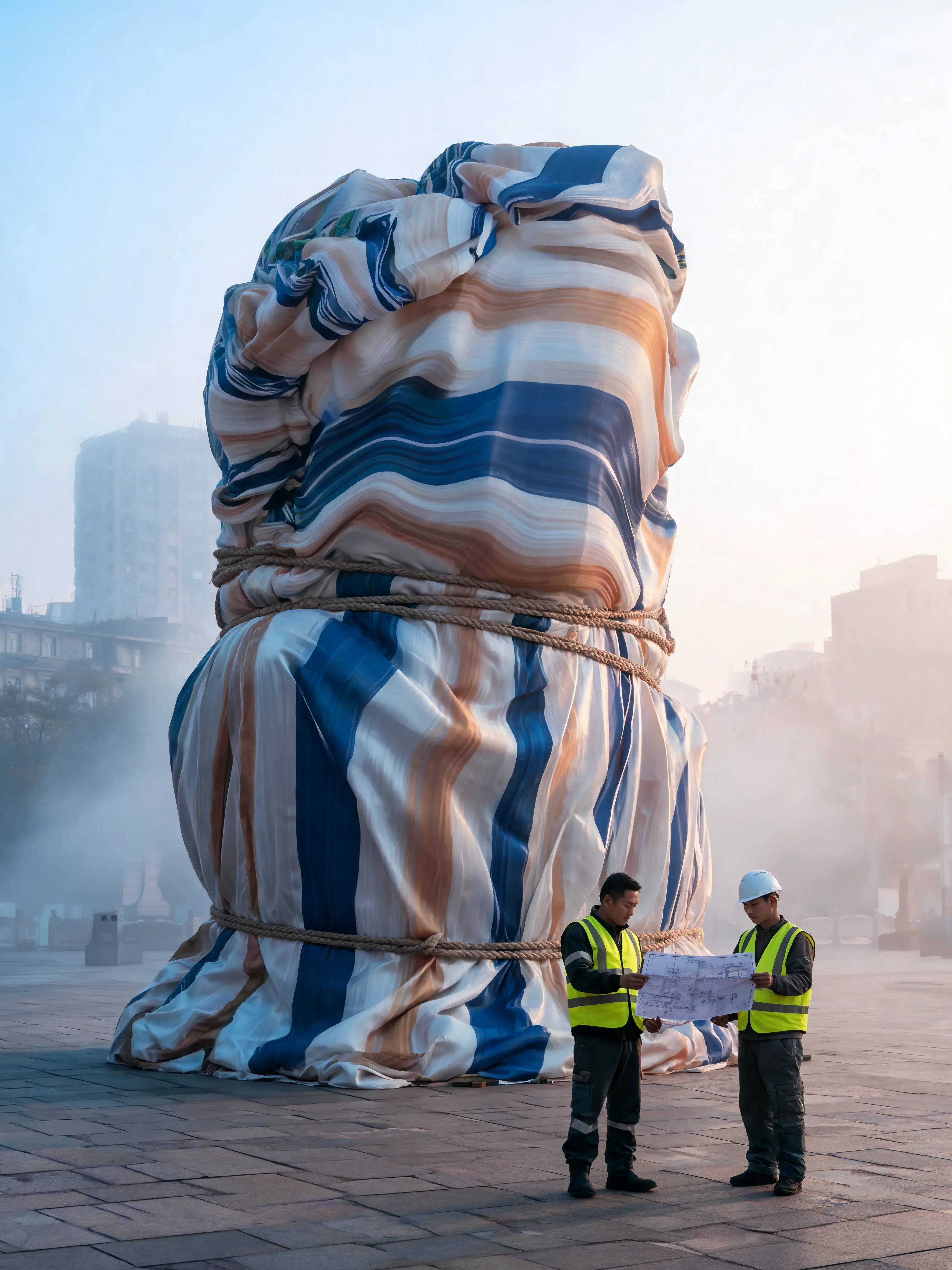 Buste géant emballé de matière rayée avec cordes – techniciens gilets jaunes, brume, place