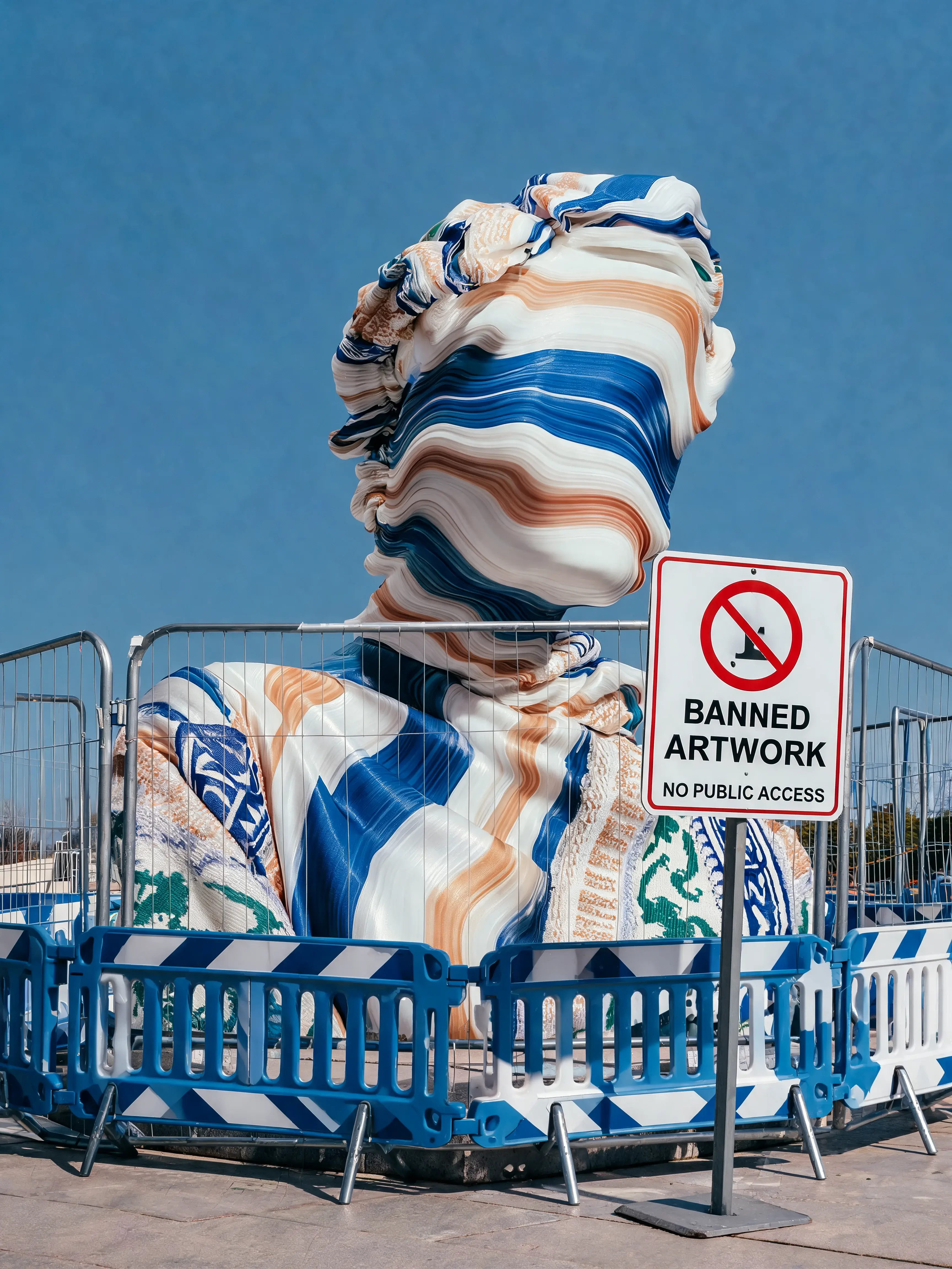 Buste monumental marbré derrière grillages de sécurité – panneau œuvre interdite, ciel bleu
