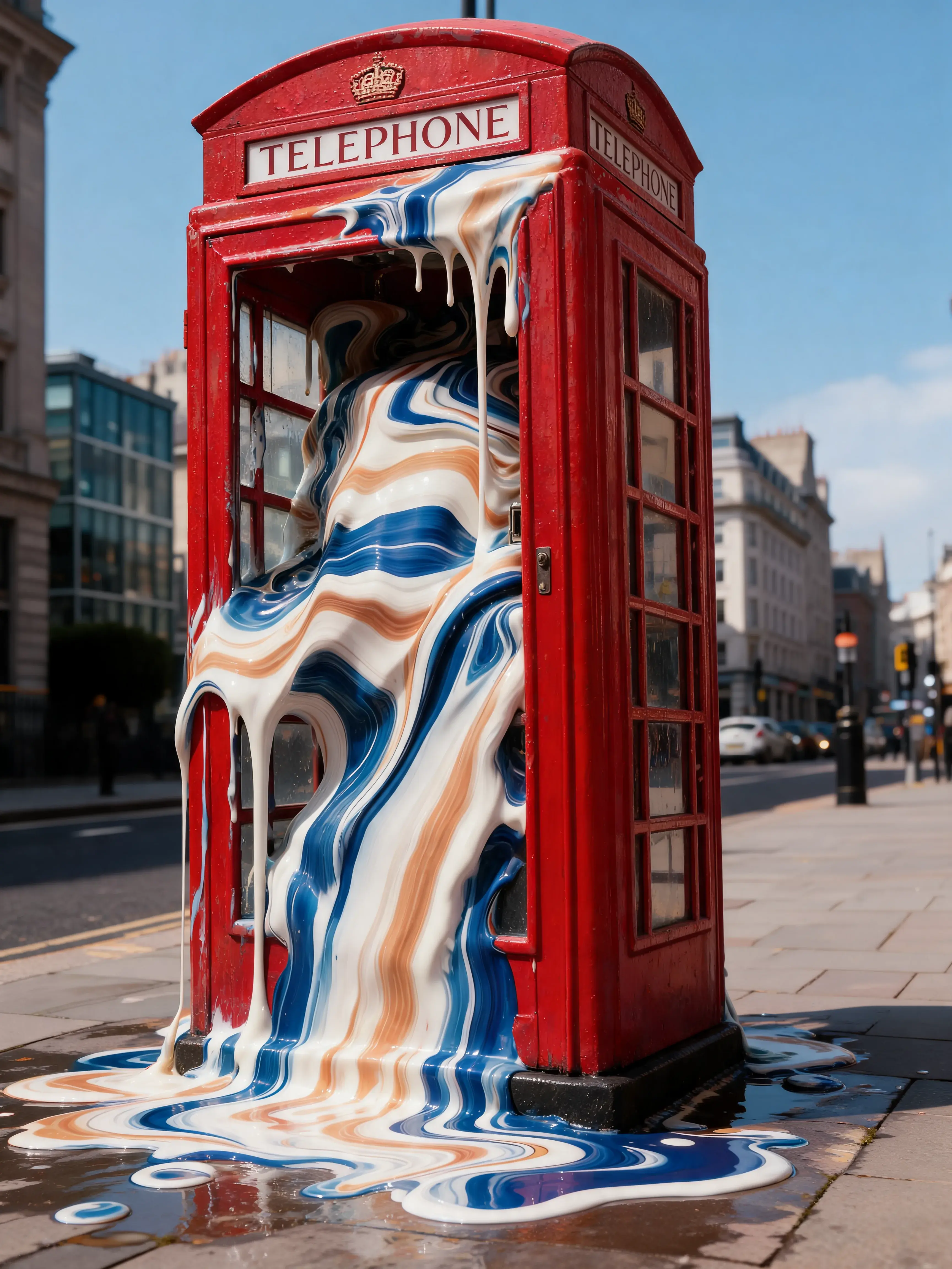 Cabine téléphonique rouge de Londres avec matière marbré coulant à l'intérieur – rue londonienne