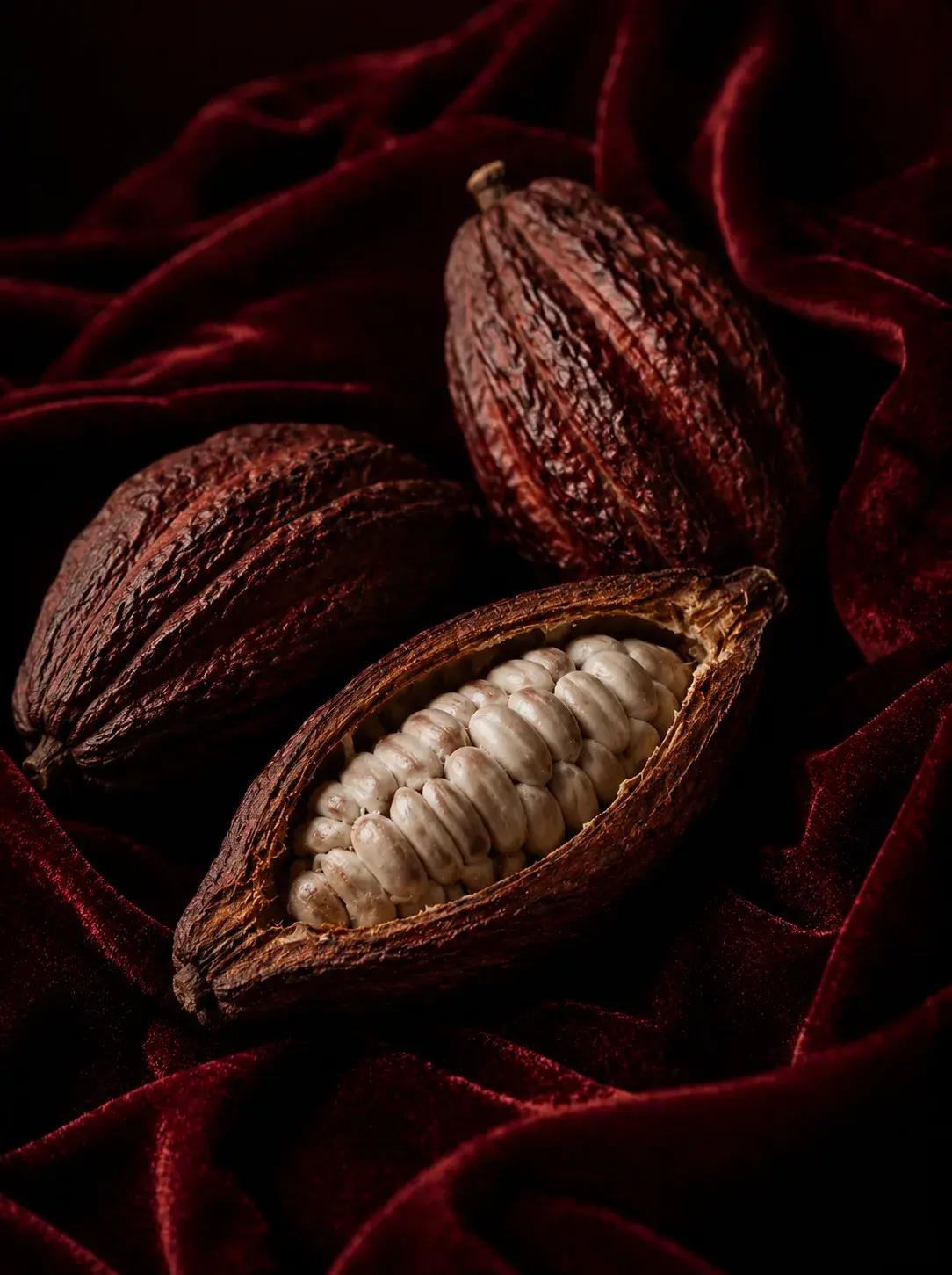 Cabosses de cacao séchées ouvertes sur velours bordeaux – fèves blanches visibles, texture rugueuse