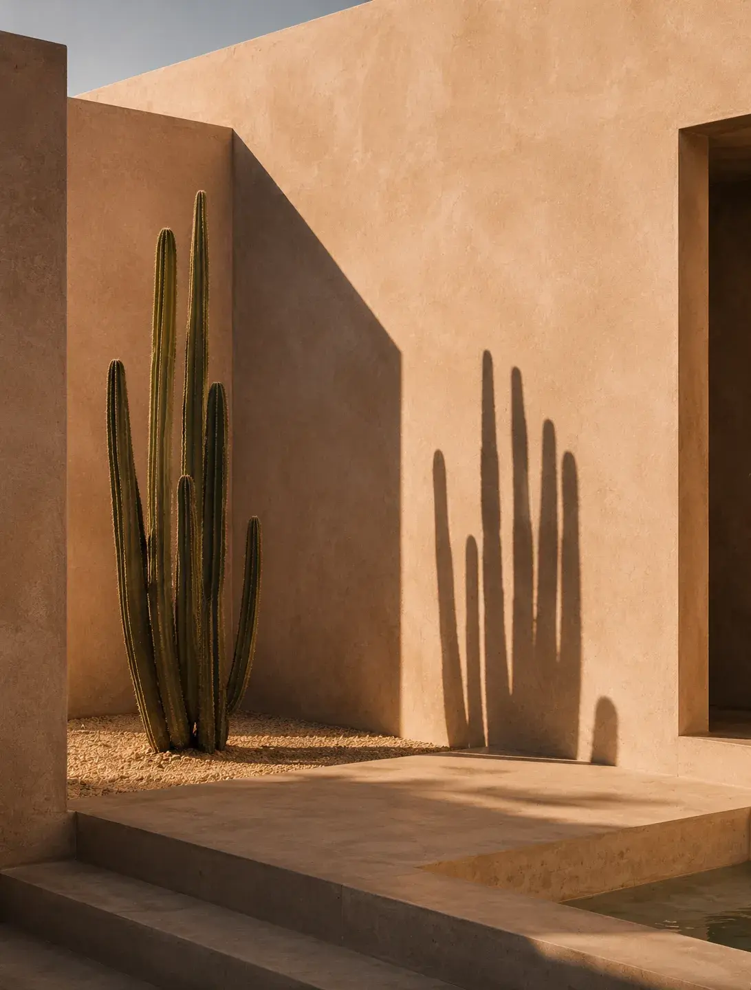 Cactus colonnaires et ombres portées sur mur ocre – bassin au sol, architecture désertique