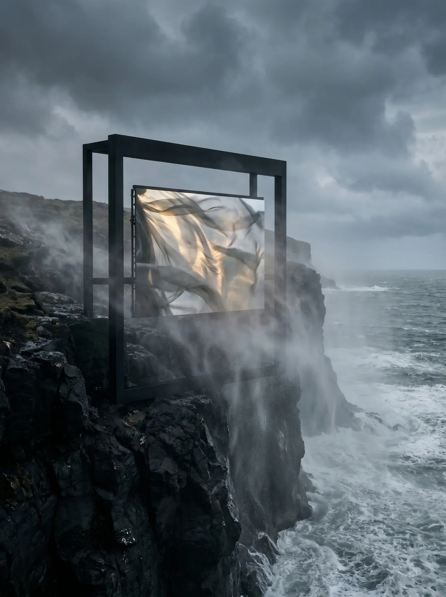 Cadre d'acier noir avec voile lumineux sur falaise côtière – mer agitée, ciel d'orage
