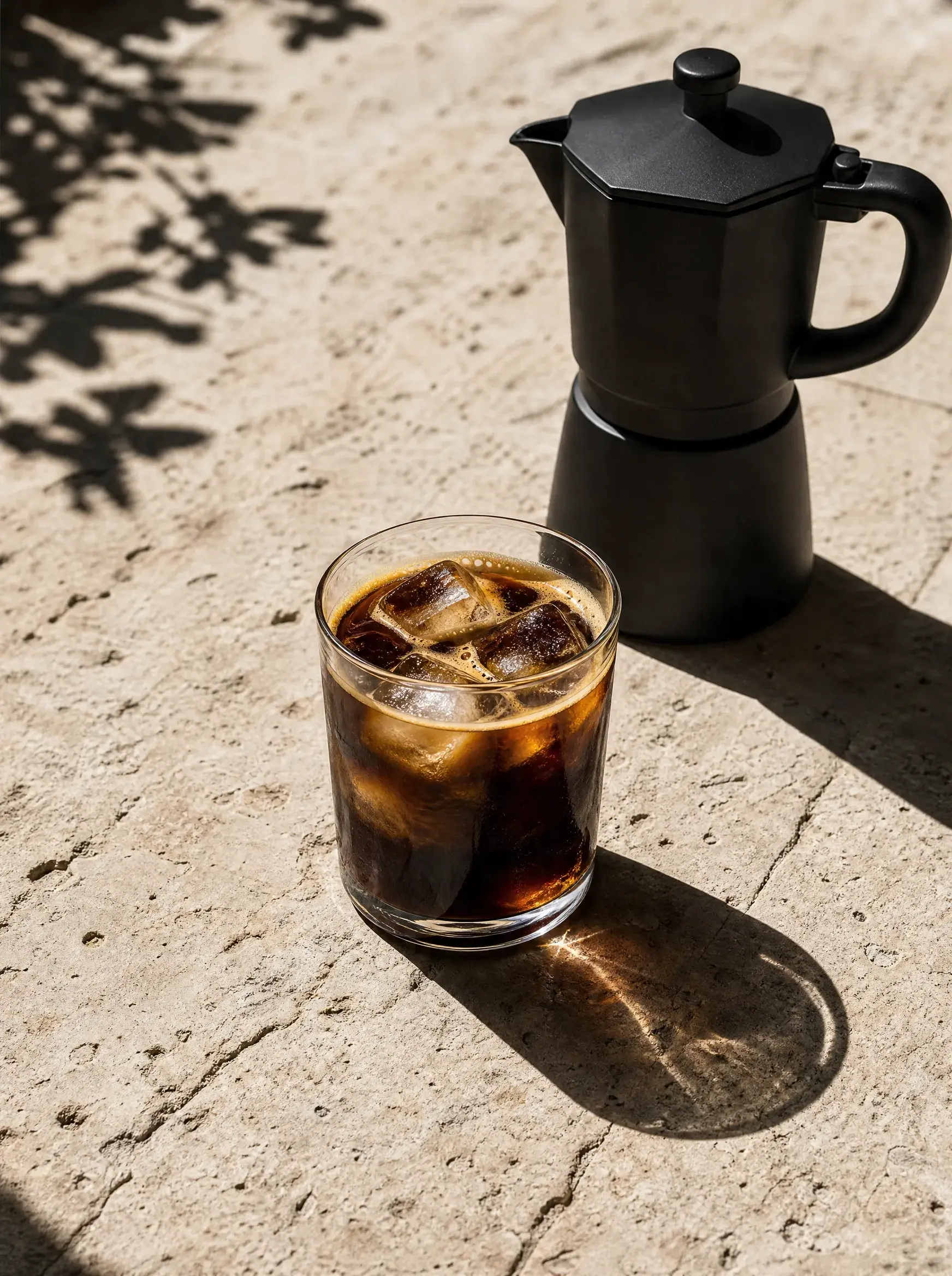 Café glacé dans verre glaçons – cafetière moka en arrière-plan, ombre végétale, pierre extérieure