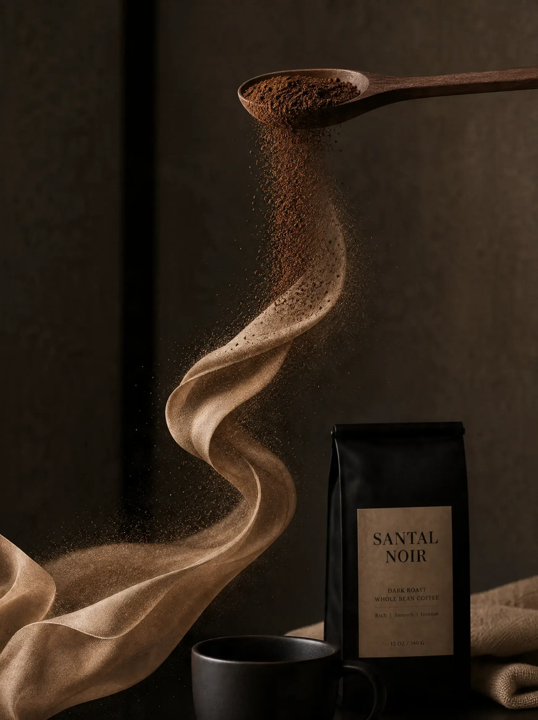 Café moulu en spirale volante depuis cuillère bois – sachet artisanal, mug noir, fond sombre