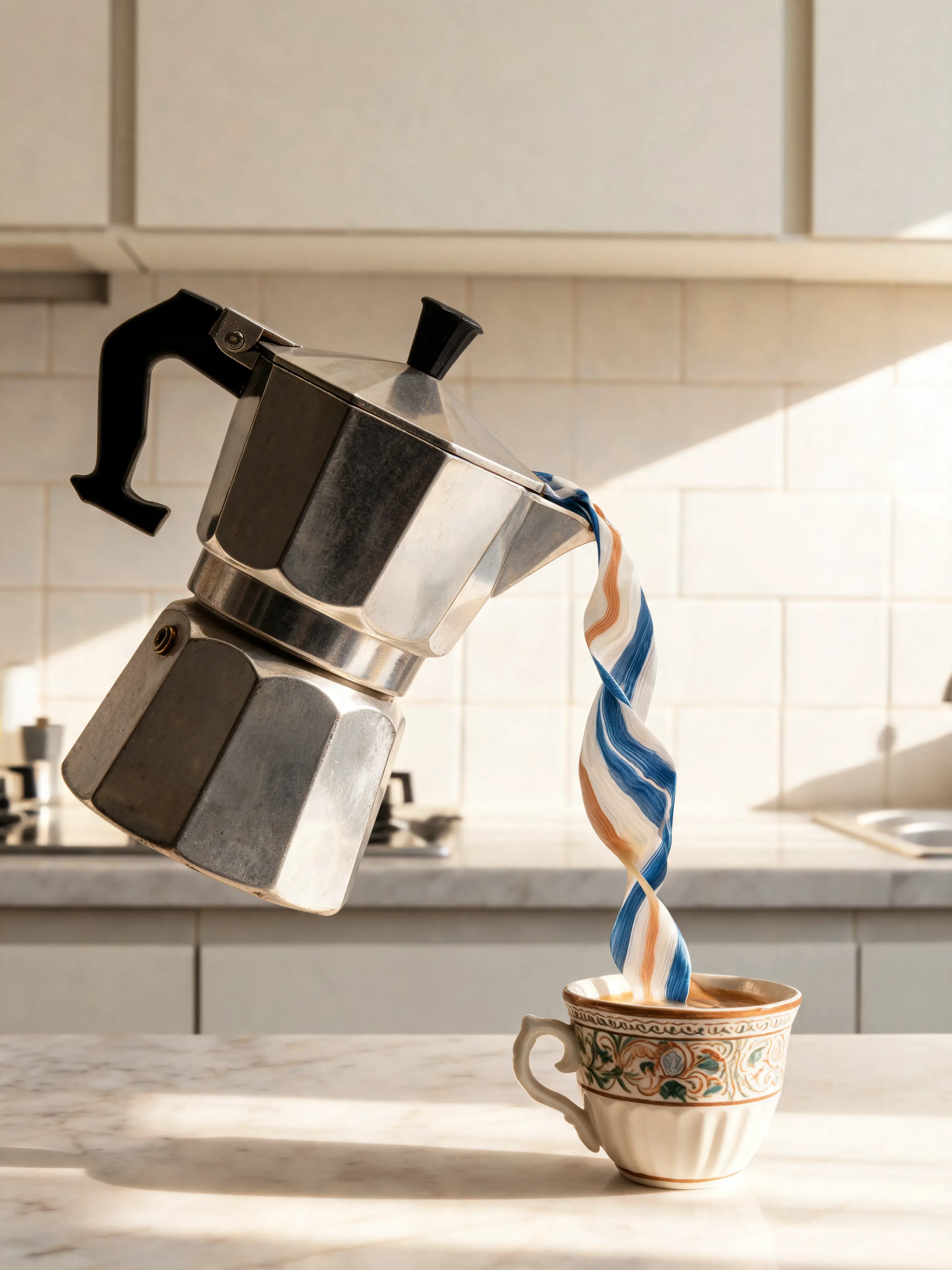 Cafetière moka en lévitation versant liquide marbré bleu et terracotta dans tasse – table marbre