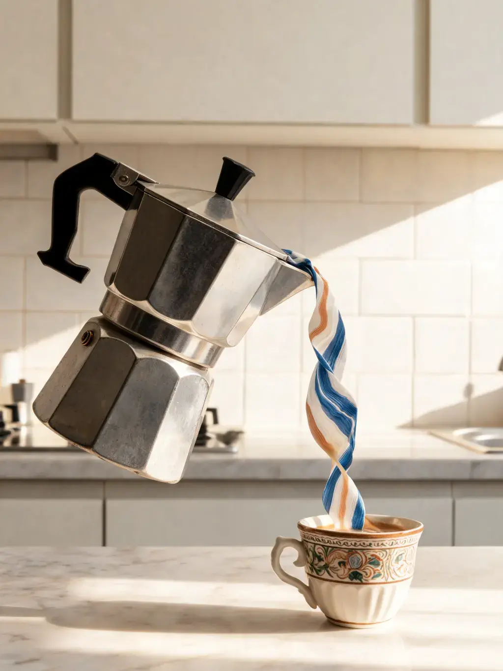 Cafetière moka en lévitation versant liquide marbré bleu et terracotta dans tasse – table marbre