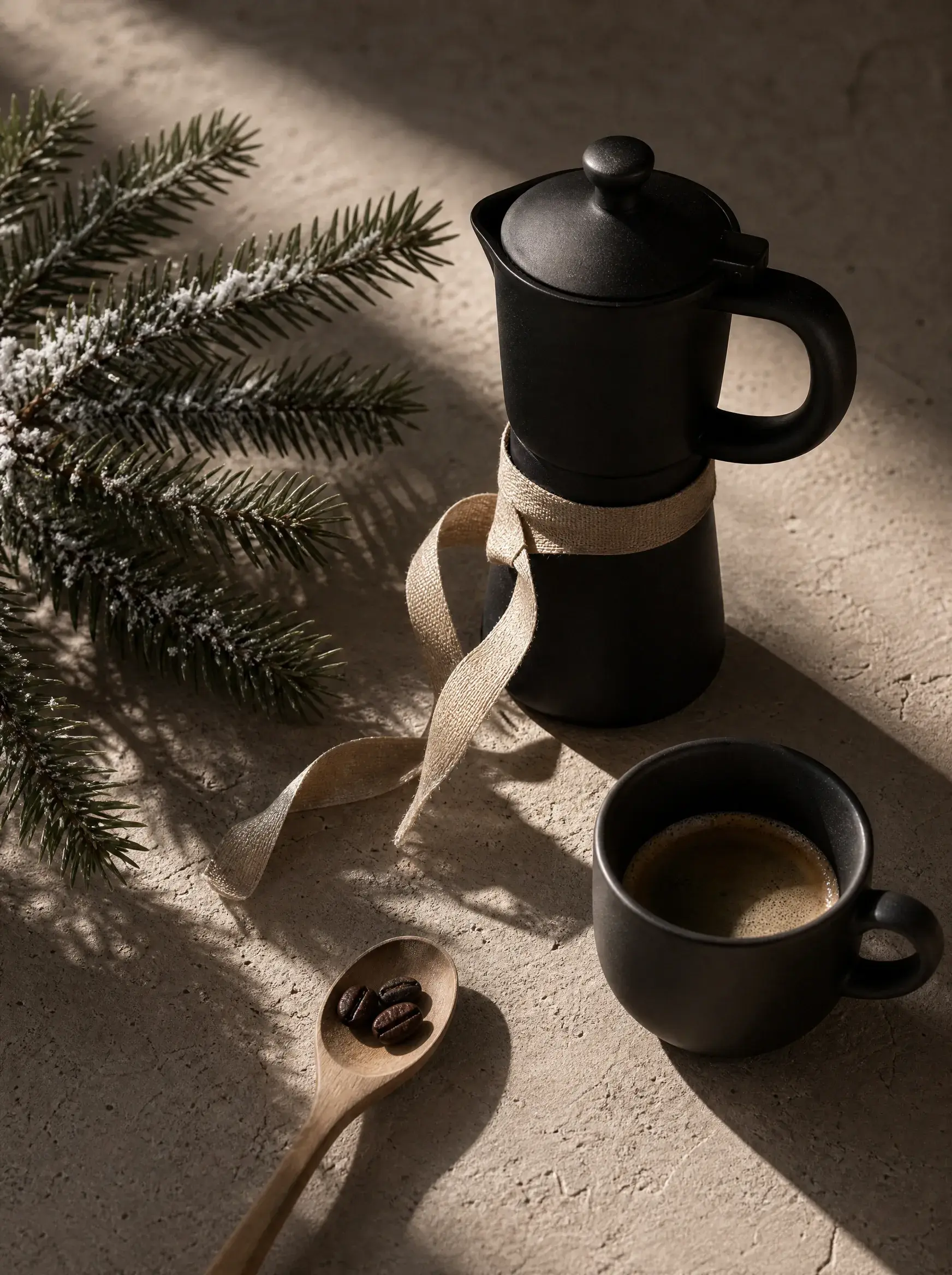 Cafetière moka et mug noir – branche sapin enneigée, cuillère grains, lumière hivernale, travertin