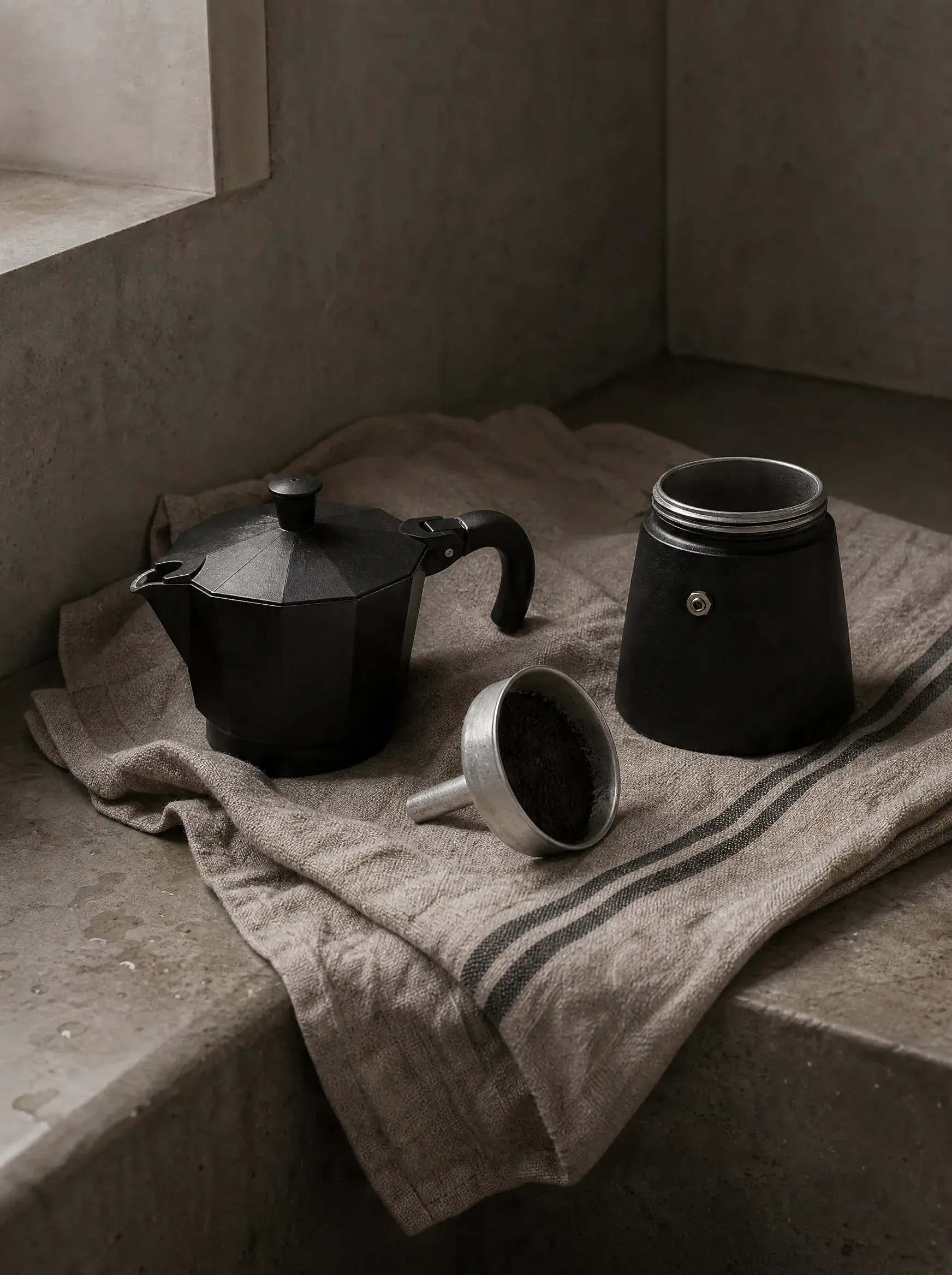 Cafetière moka noire démontée – panier filtre café moulu, torchon lin, rebord pierre fenêtre