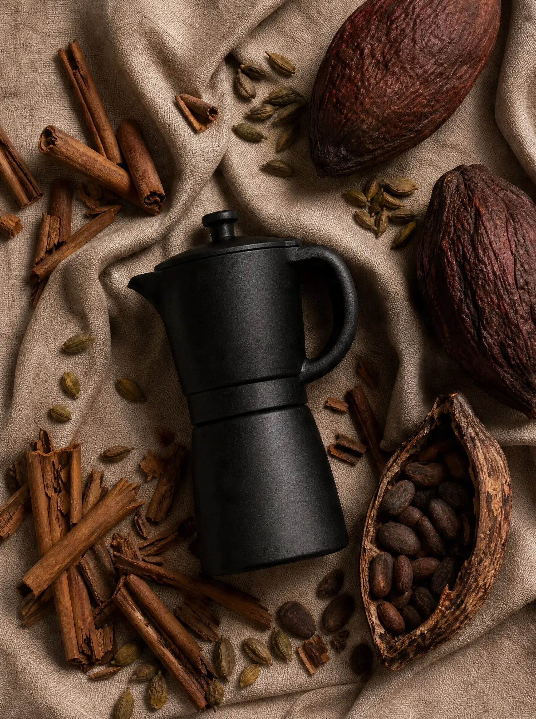 Cafetière moka noire et épices – cannelle, cardamome, cabosses cacao – vue plongeante, jute
