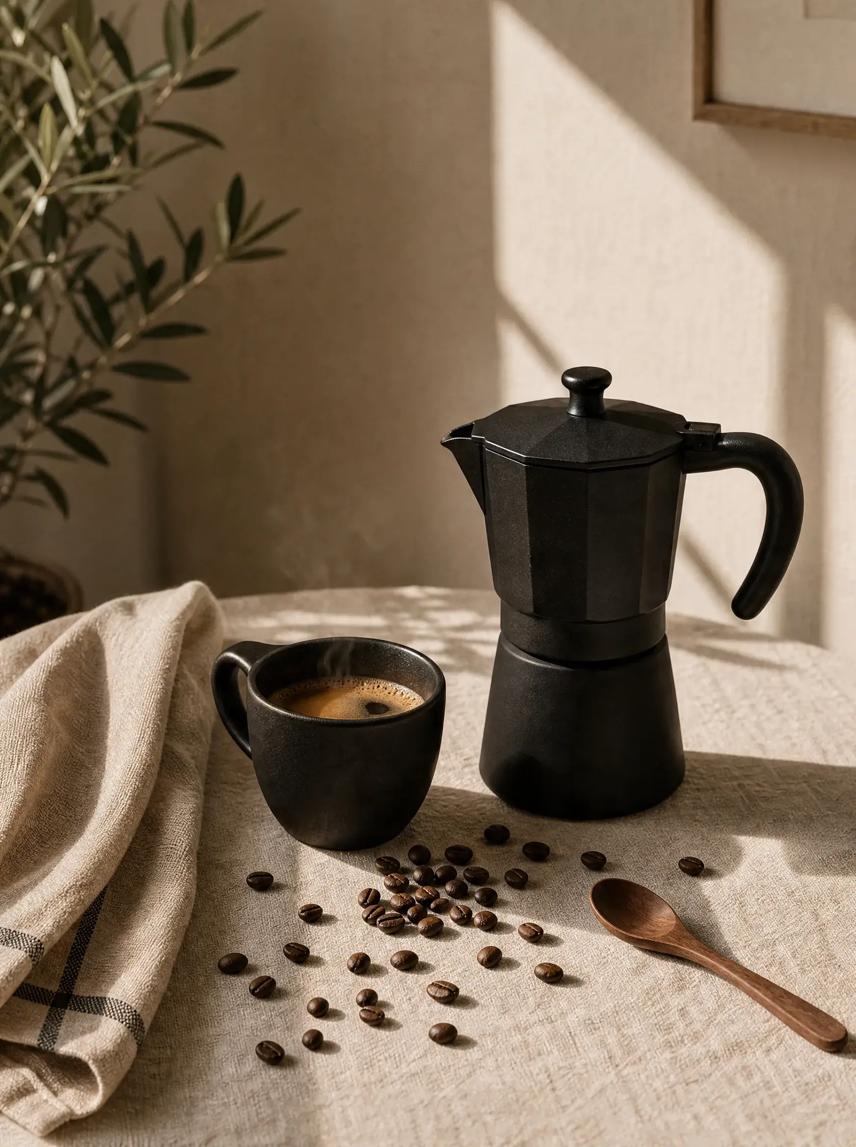 Cafetière moka noire et mug sur table lin – cuillère bois, grains épars, plante verte, lumière naturelle
