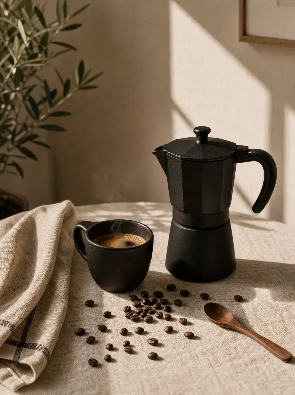 Cafetière moka noire et mug sur table lin – cuillère bois, grains épars, plante verte, lumière naturelle