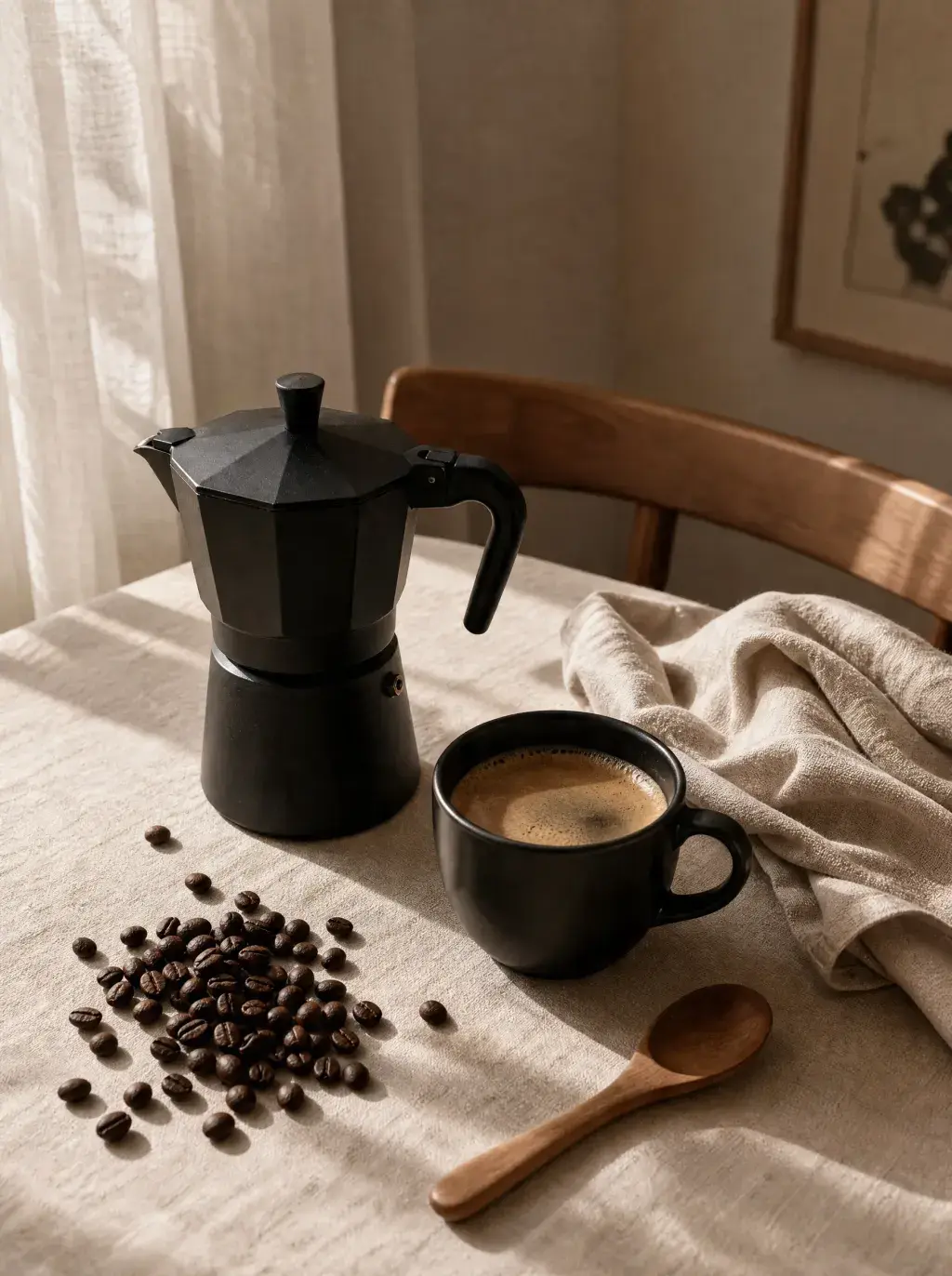 Cafetière moka noire et tasse espresso sur table lin – cuillère bois, grains épars, fenêtre, lumière douce
