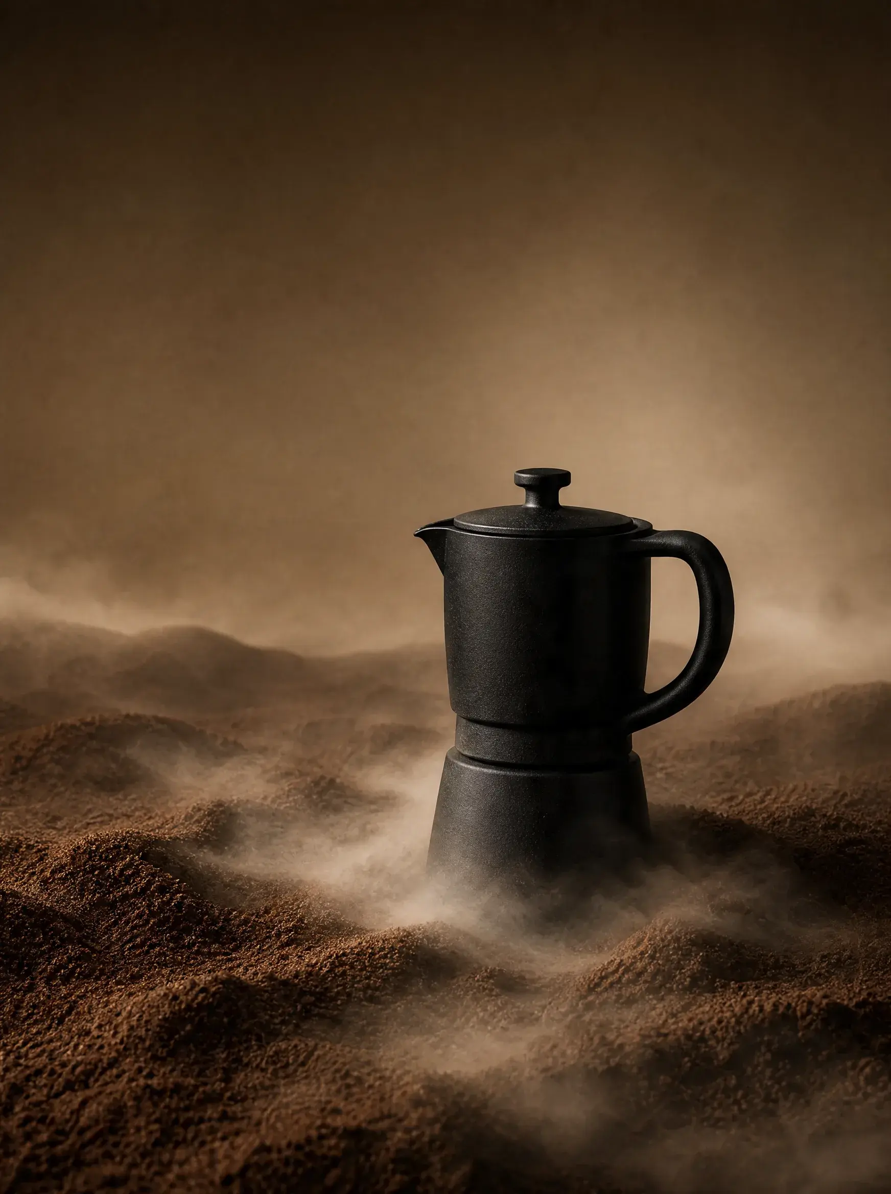 Cafetière moka noire sur dunes café moulu – vapeur dramatique, fond sombre, composition studio