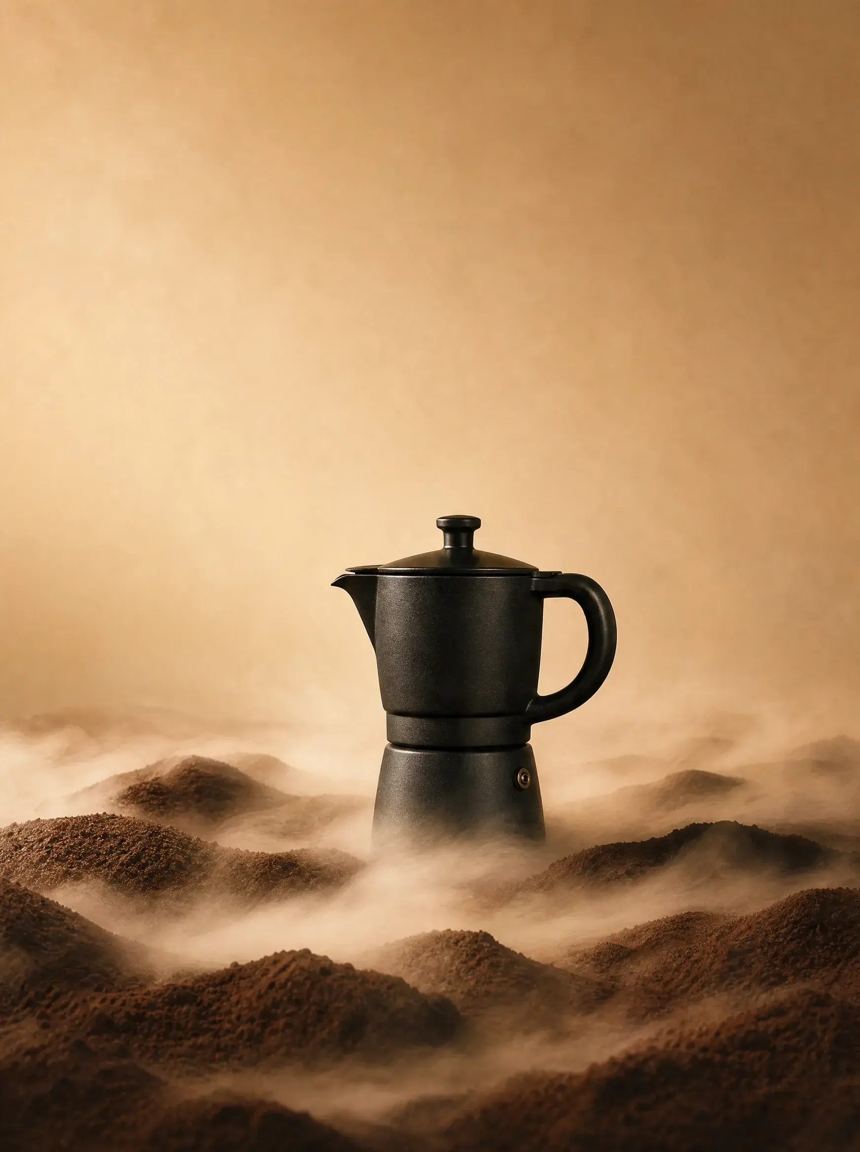Cafetière moka noire sur dunes de café moulu – brume vapeur, fond beige chaud, composition artistique