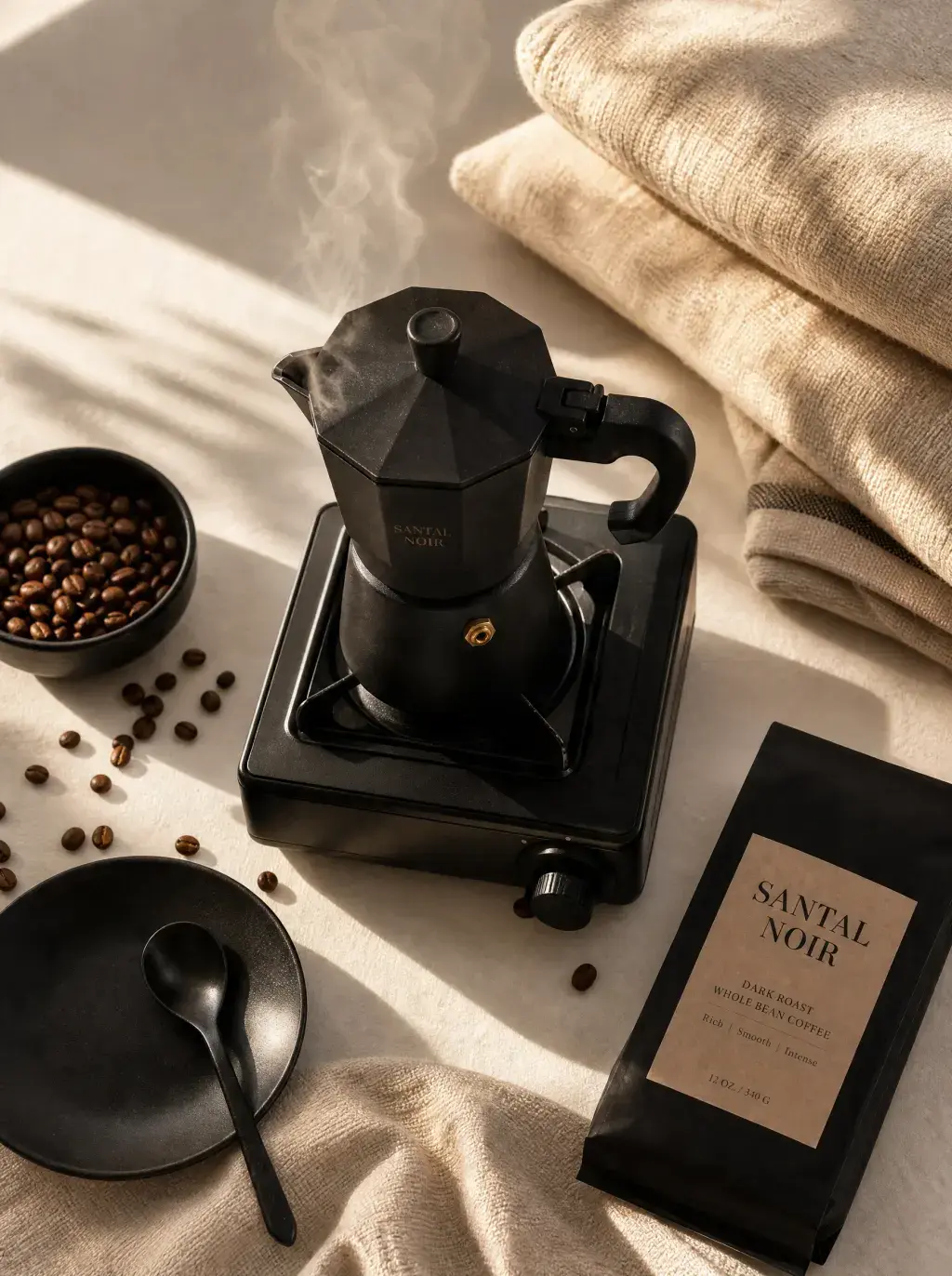 Cafetière moka noire sur réchaud portable – sachet café artisanal, bol grains, nappe lin, lumière naturelle