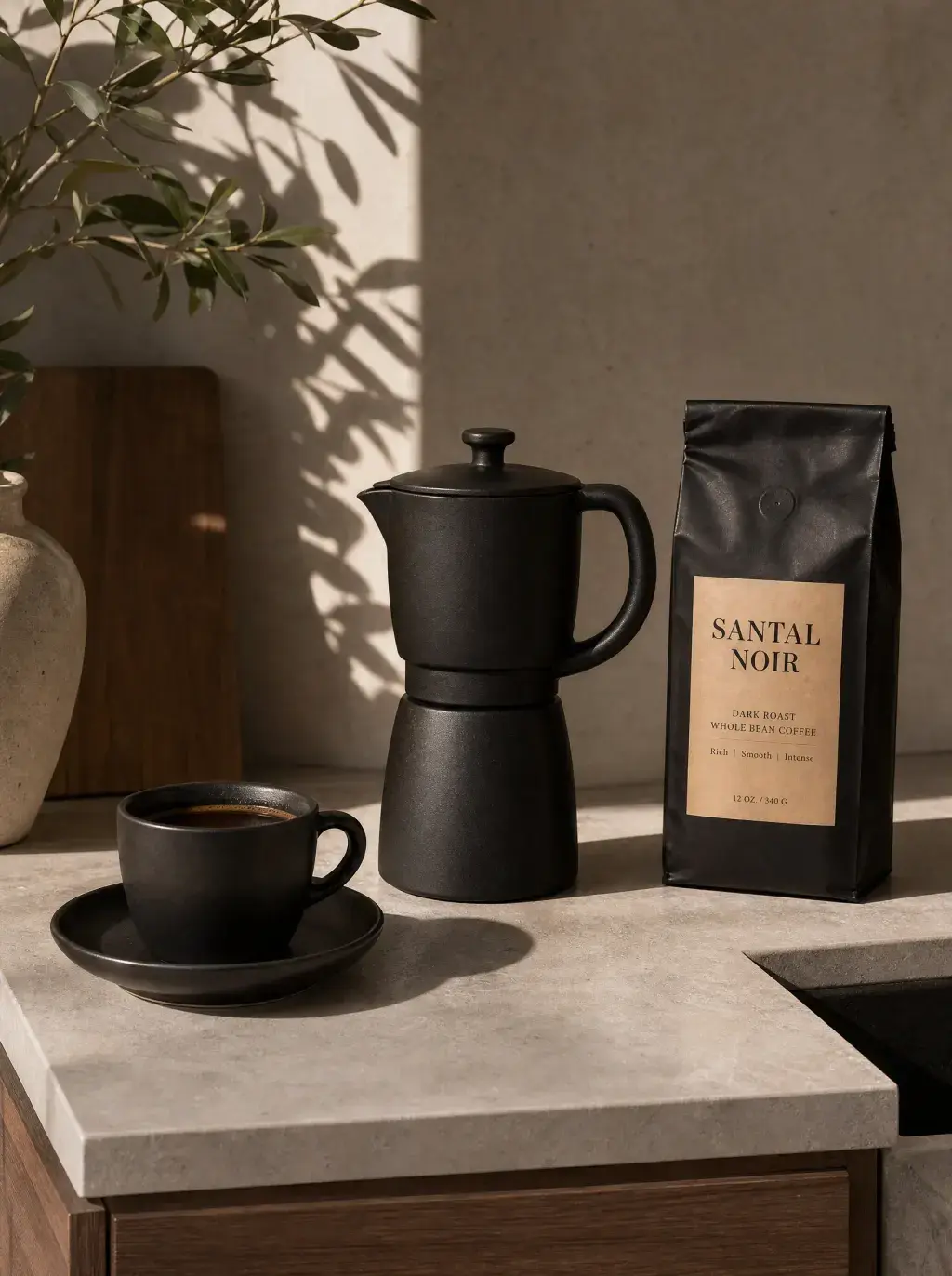Cafetière moka noire, tasse espresso et sachet café artisanal – comptoir travertin, plante, lumière