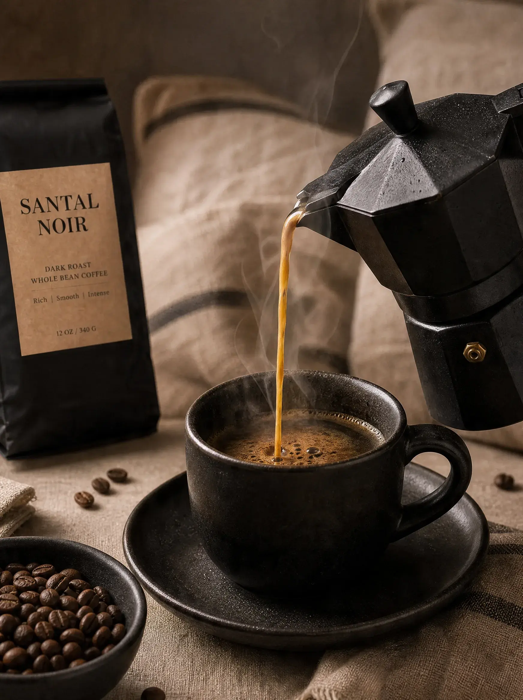 Cafetière moka versant café fumant dans tasse – sachet artisanal, coupelle grains, fond sombre dramatique