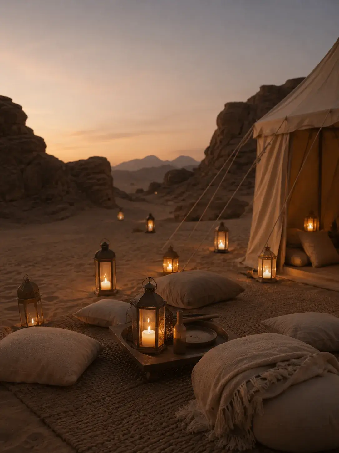 Campement glamping désertique au coucher de soleil – lanternes marocaines, tente blanche, coussins