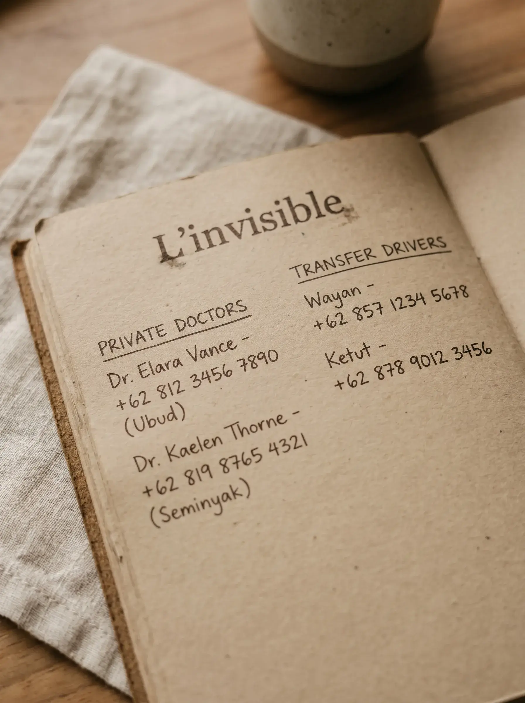 Carnet beige « L'invisible » avec liste de contacts locaux : médecins privés et chauffeurs de transfert à Bali (Ubud, Seminyak)