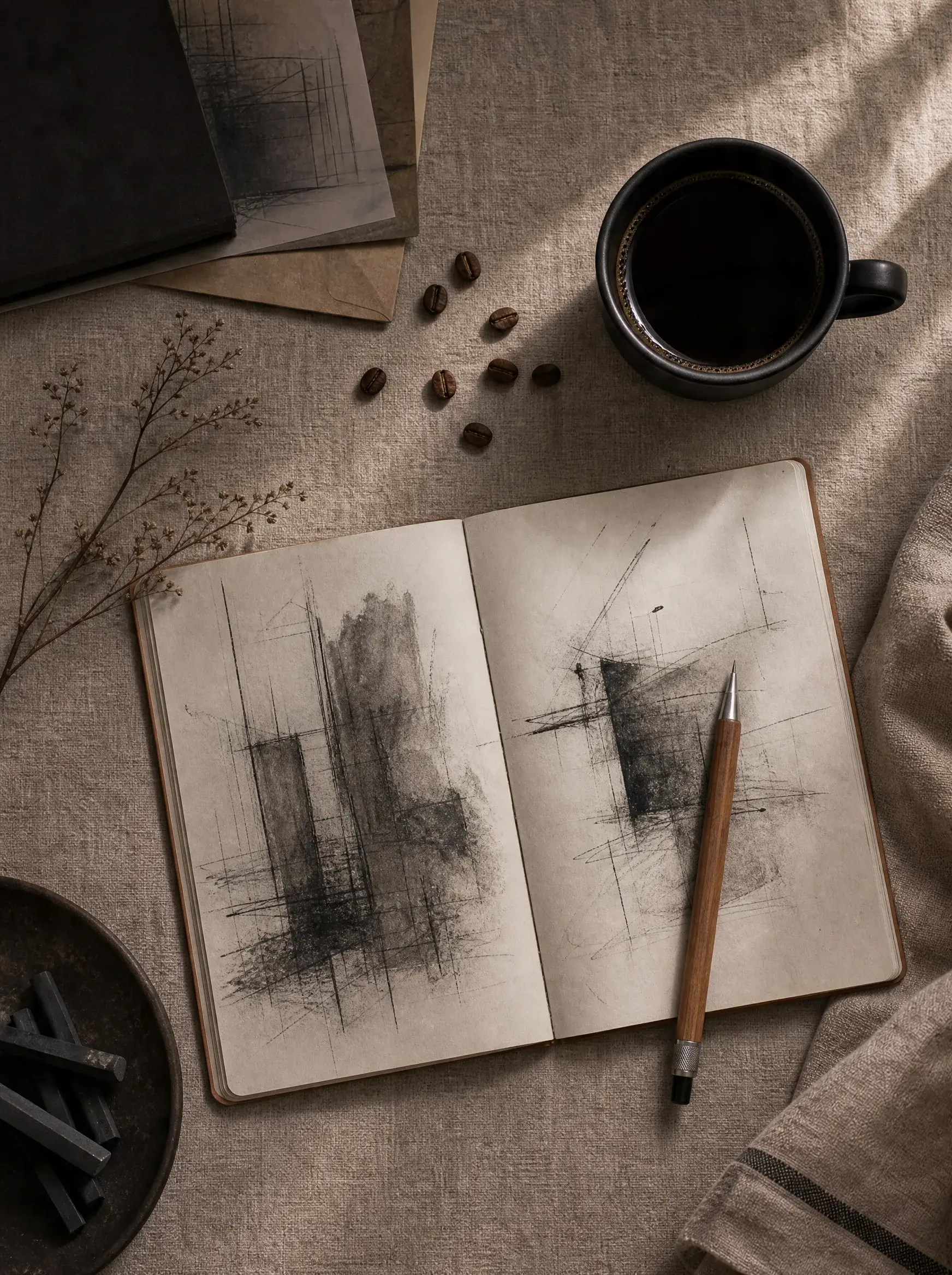 Carnet d'esquisse au fusain – mug café noir, branche séchée, fusains sur plateau, table lin