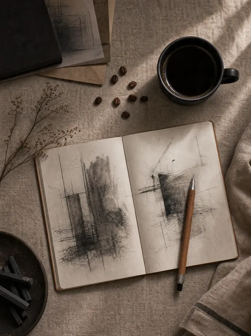 Carnet d'esquisse au fusain – mug café noir, branche séchée, fusains sur plateau, table lin