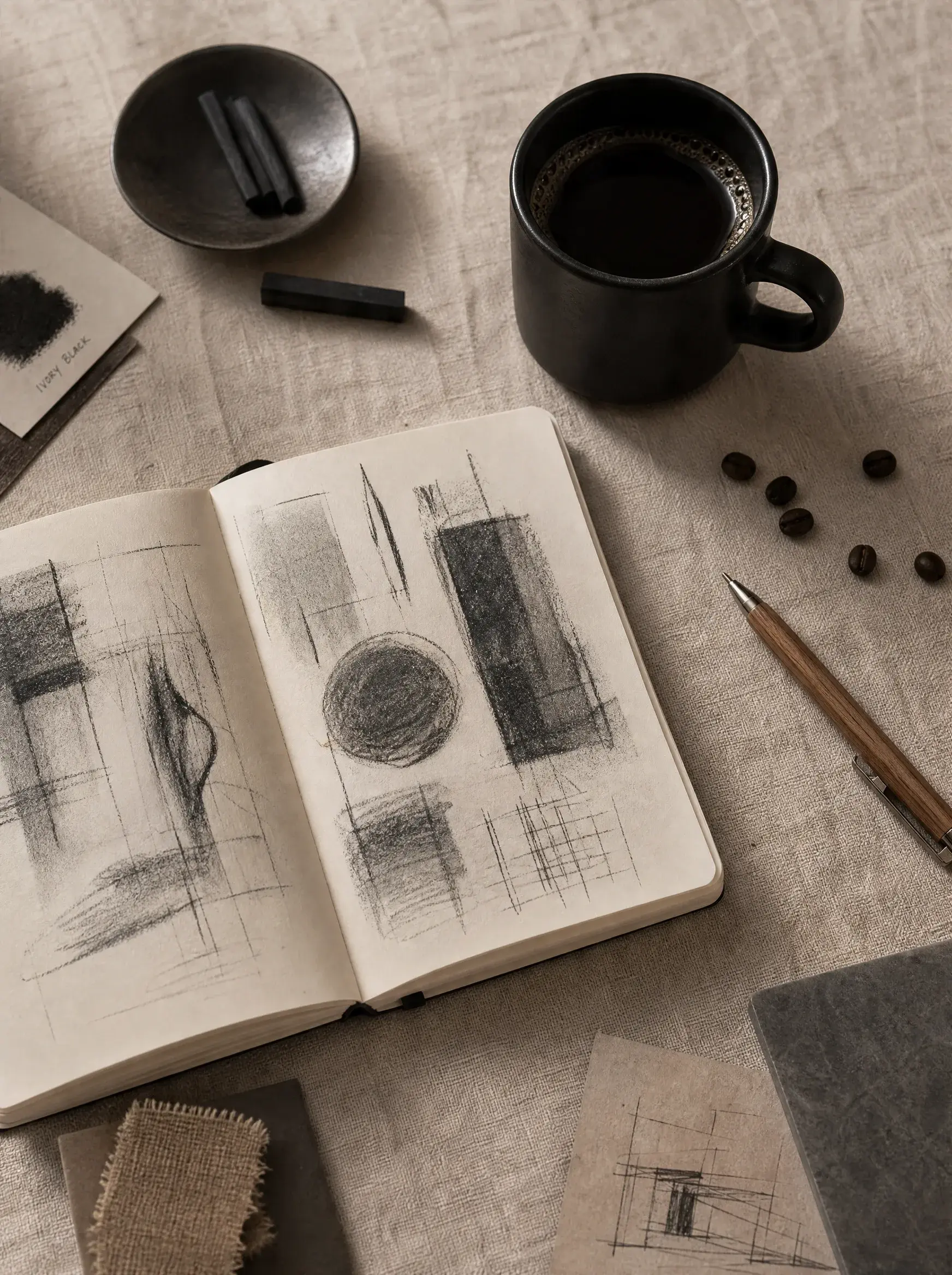 Carnet de croquis ouvert et mug café – esquisses fusain, assiette noire, table lin beige