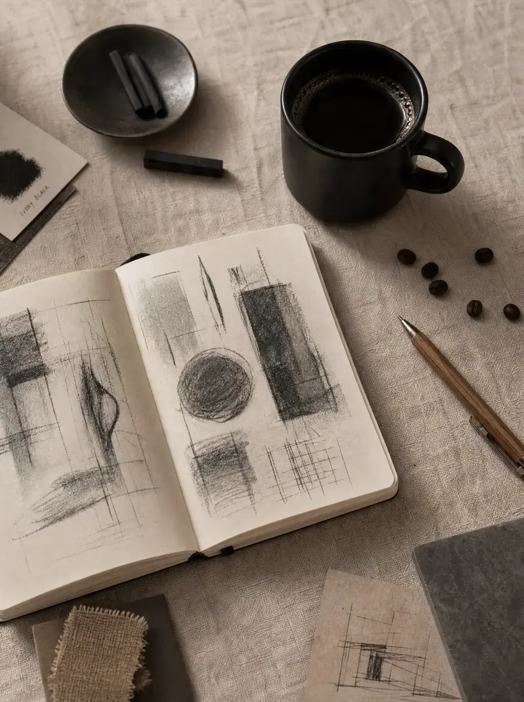 Carnet de croquis ouvert et mug café – esquisses fusain, assiette noire, table lin beige