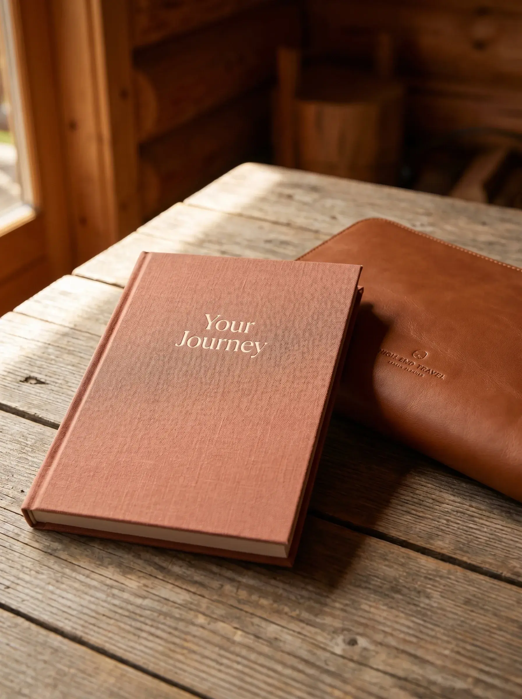 Carnet de voyage couverture tissu terracotta et étui cuir brun – table bois de chalet, lumière chaude