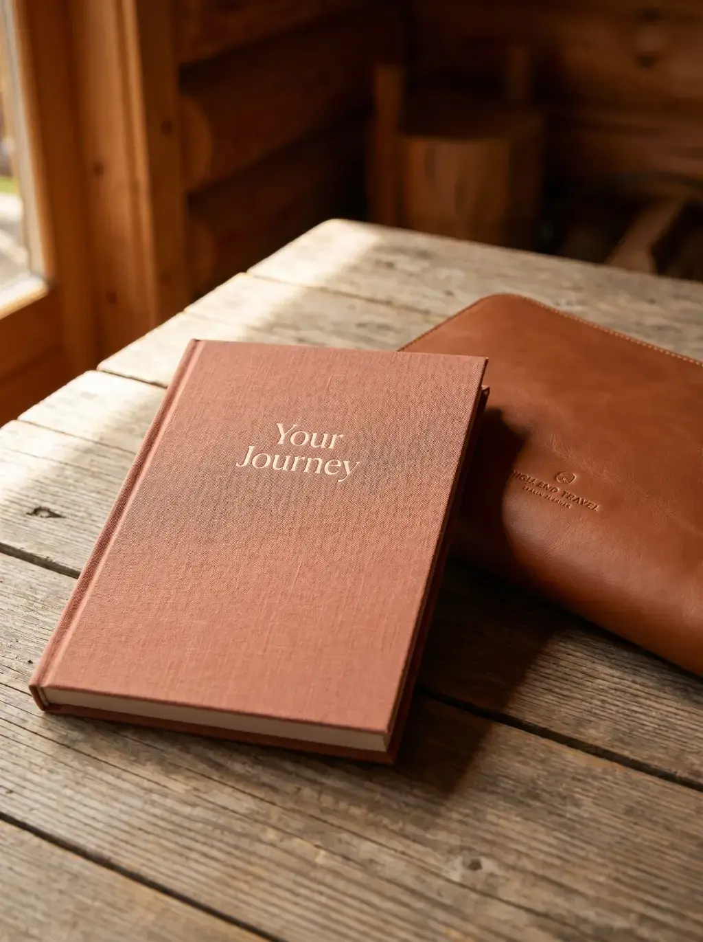 Carnet de voyage couverture tissu terracotta et étui cuir brun – table bois de chalet, lumière chaude