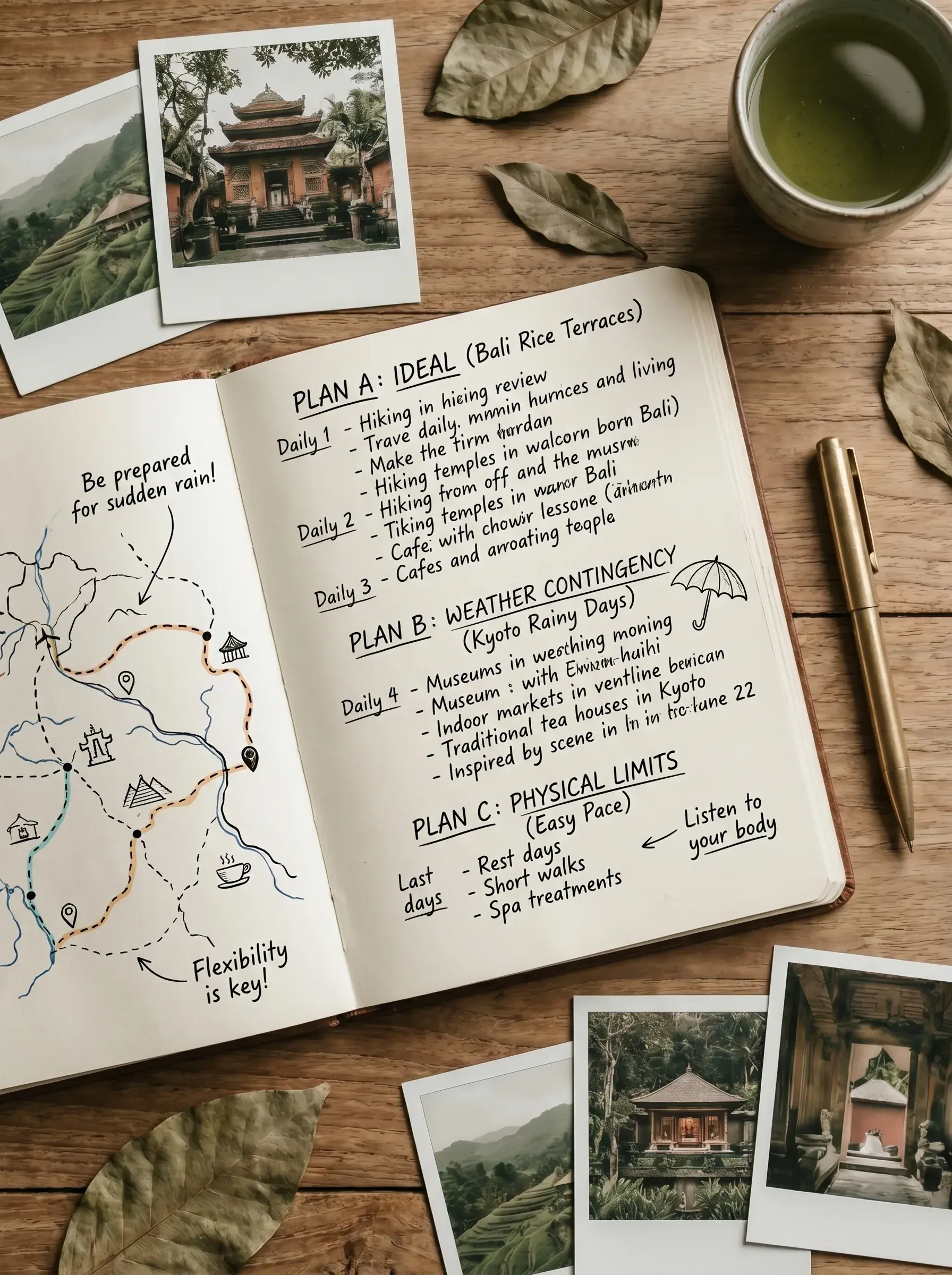 Carnet de voyage ouvert avec itinéraire manuscrit Bali + Kyoto (plan idéal, météo, limites) et polaroids de temples sur table bois
