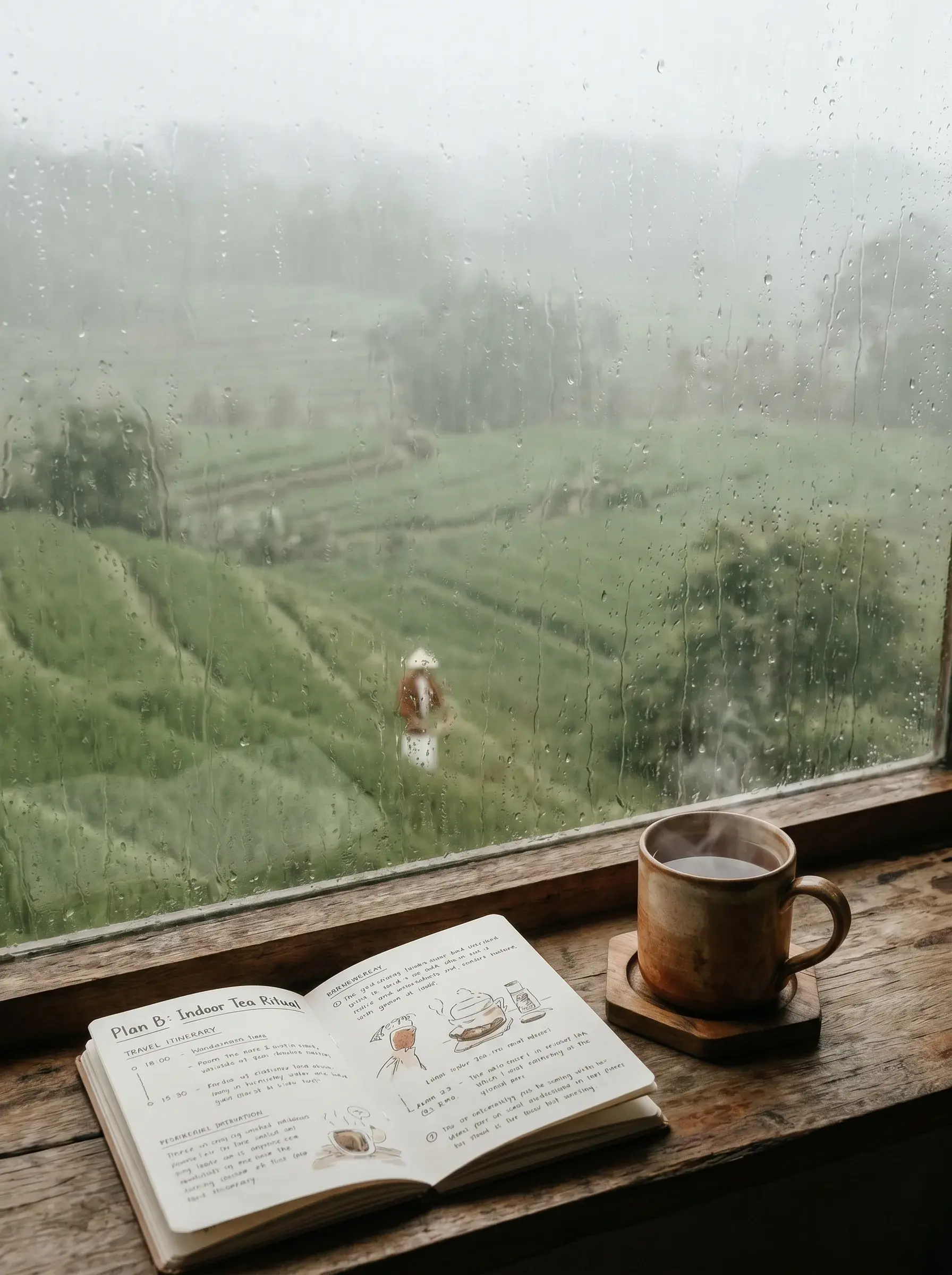 Carnet de voyage ouvert « Plan B: Indoor Tea Ritual » sur rebord de fenêtre avec vue pluvieuse sur rizières brumeuses, tasse de café chaud