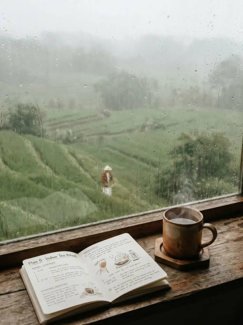 Carnet de voyage ouvert « Plan B: Indoor Tea Ritual » sur rebord de fenêtre avec vue pluvieuse sur rizières brumeuses, tasse de café chaud