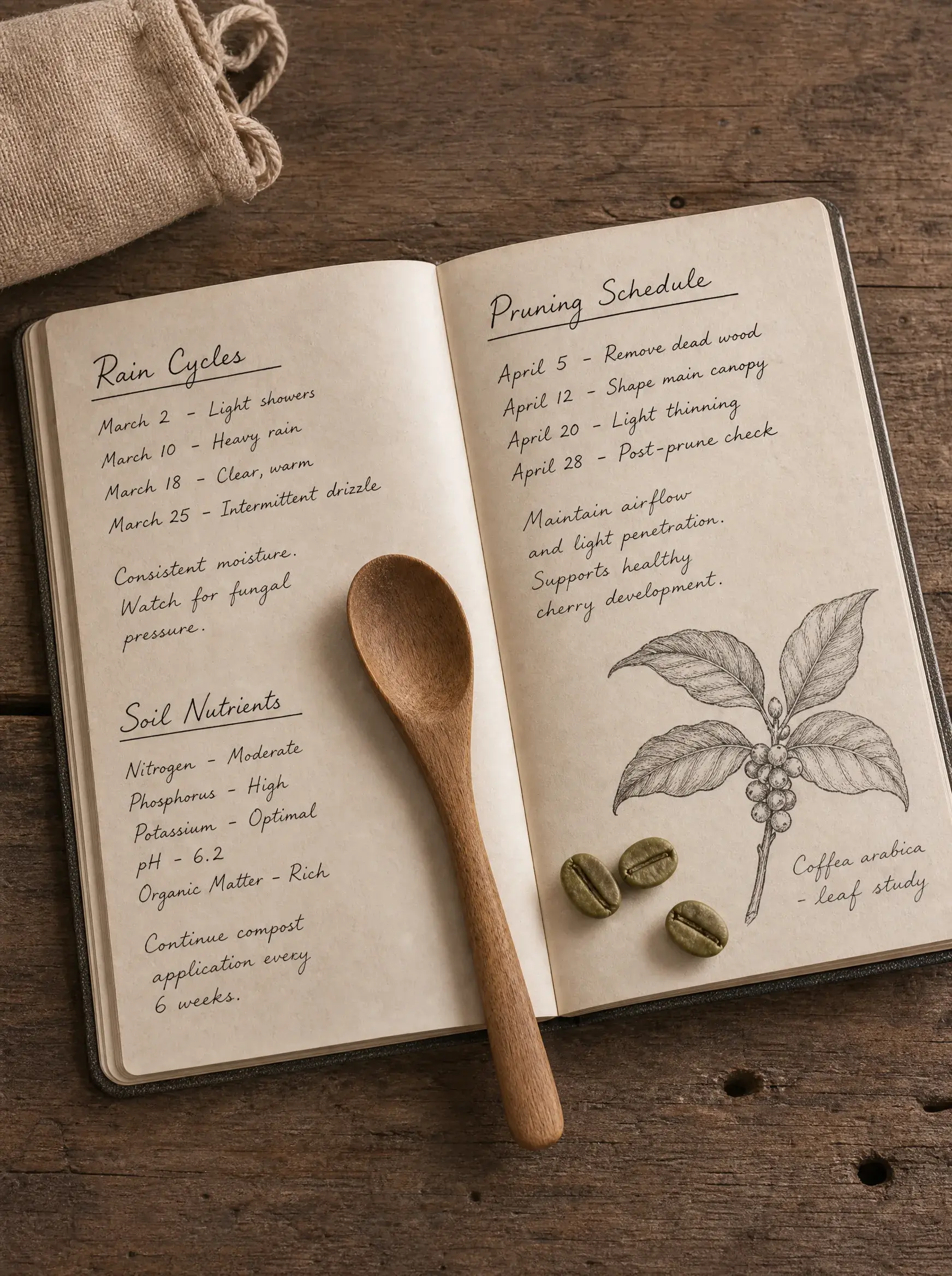 Carnet manuscrit suivi caféière – cycles de pluie, nutriments sol, calendrier taille, cuillère bois
