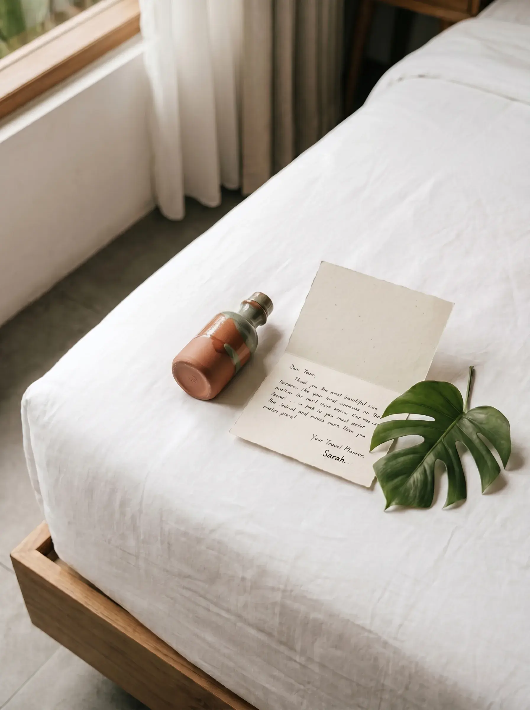 Carte message d'accueil posée sur un lit avec feuille tropicale