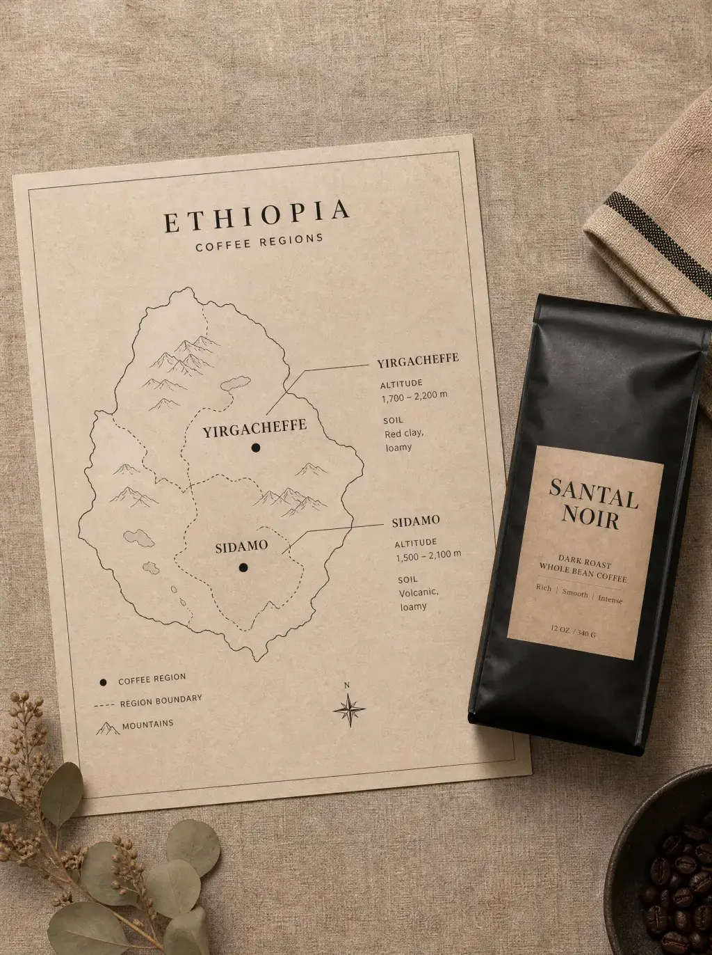 Carte régions café d'Éthiopie – Yirgacheffe, Sidamo, sachet café artisanal noir, nappe lin