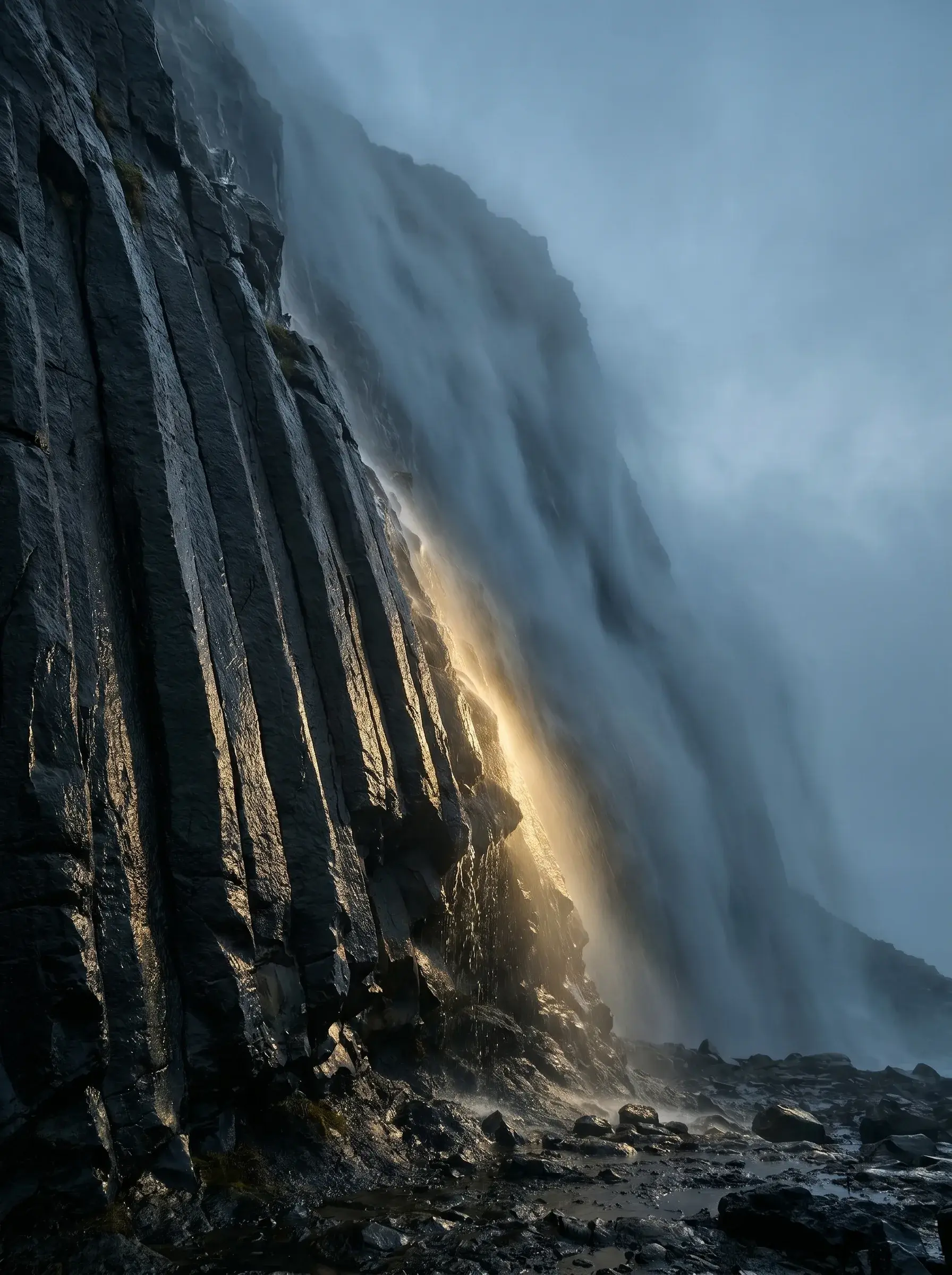 Cascade sur falaise de colonnes basaltiques – rayon de lumière doré dans la brume, paysage côtier