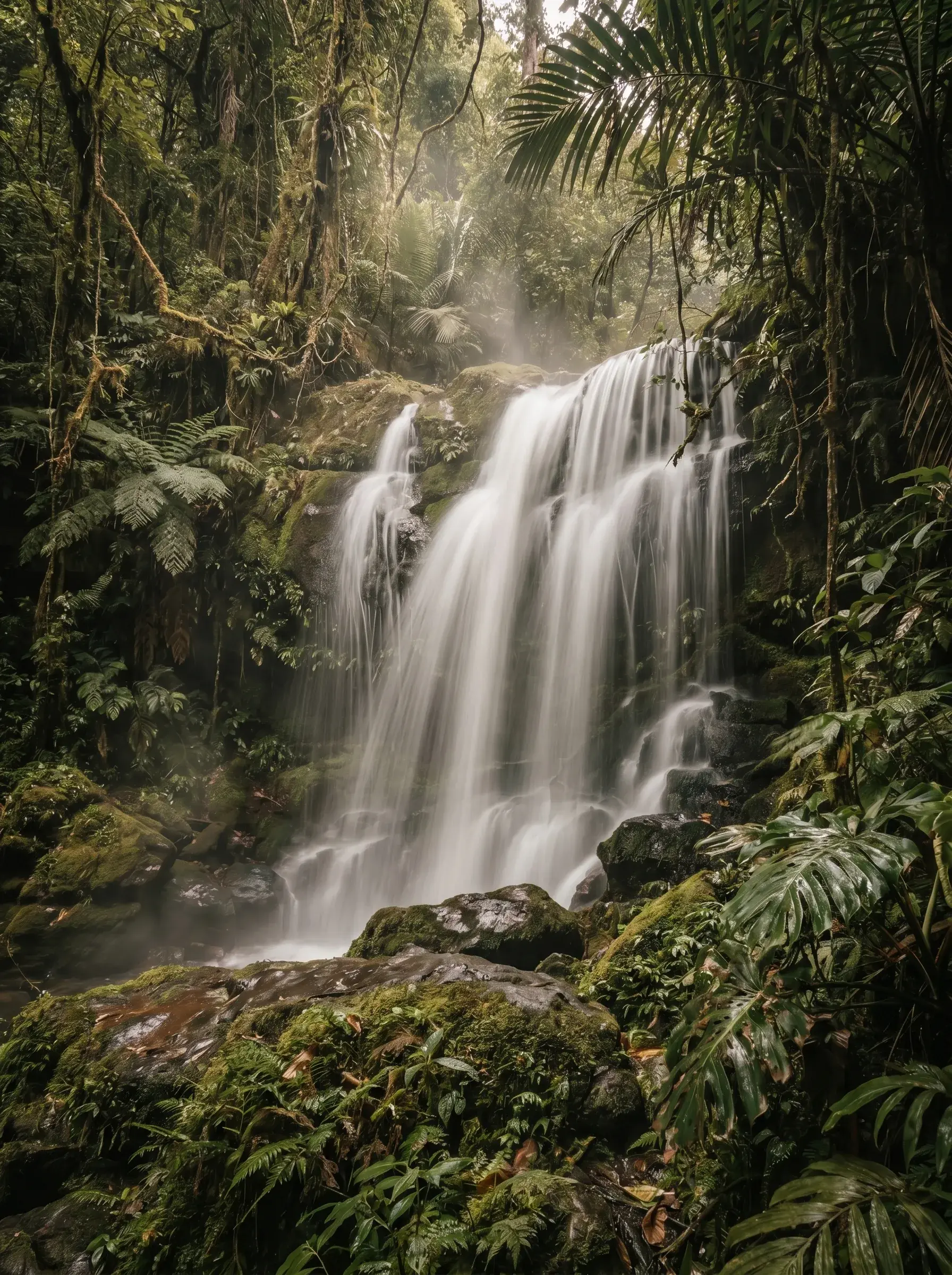 Cascade tropicale spectaculaire en forêt dense avec rochers recouverts de mousse, fougères et brume laiteuse, pose longue