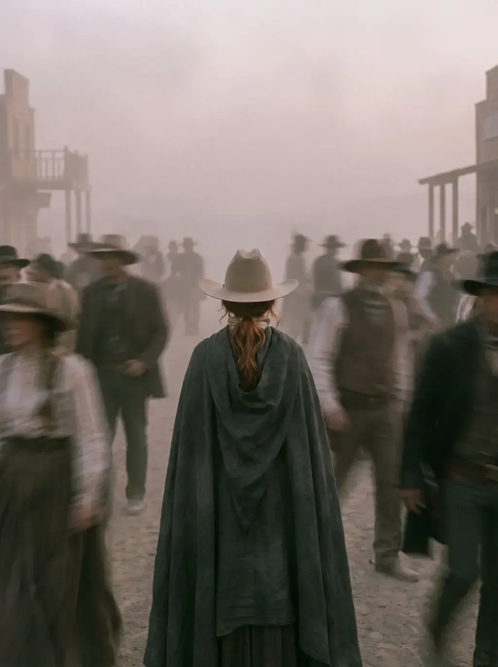 Cavalière de dos en cape sombre et chapeau immobile au centre d'une foule floue dans une ville western