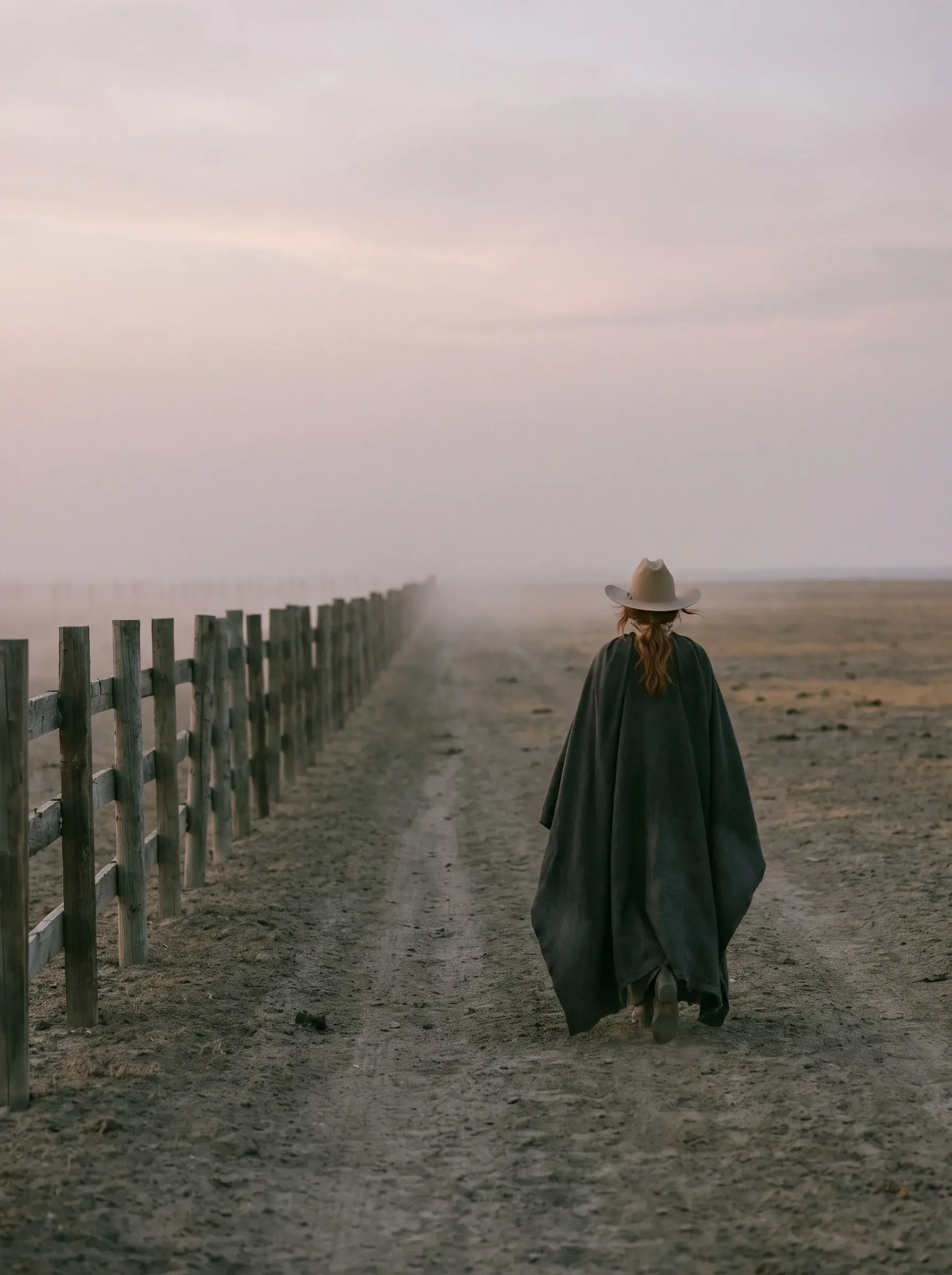 Cavalière en cape sombre de dos marchant le long d'une clôture de ranch vers la brume désertique