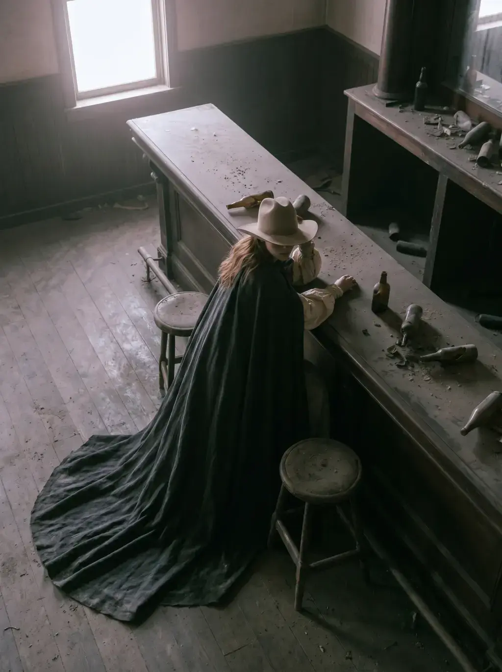 Cavalière en grande cape sombre accoudée sur un comptoir dans un atelier western abandonné