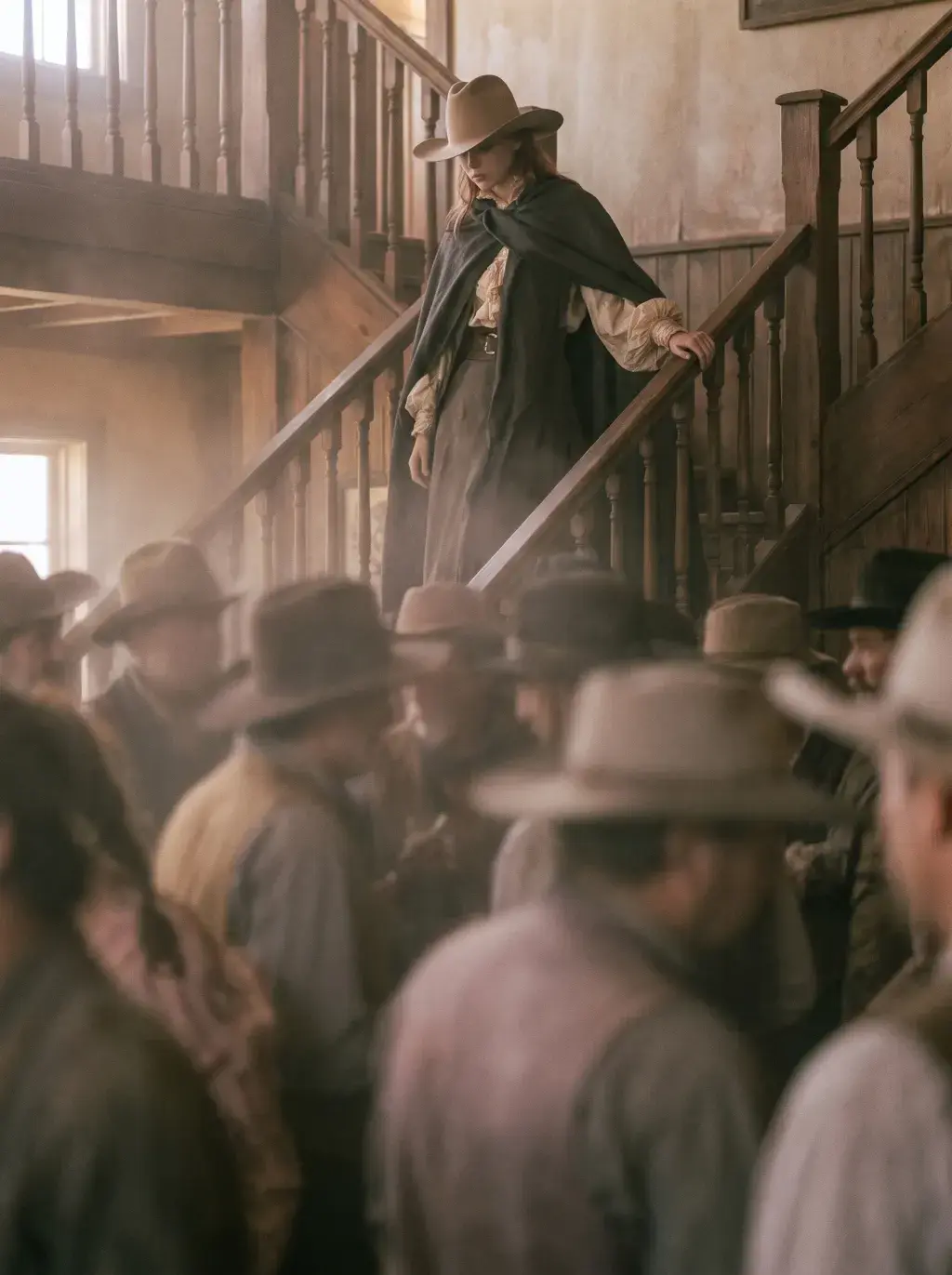 Cavalière rousse en cape sombre dans l'escalier d'un saloon surplombant une foule d'hommes en chapeaux