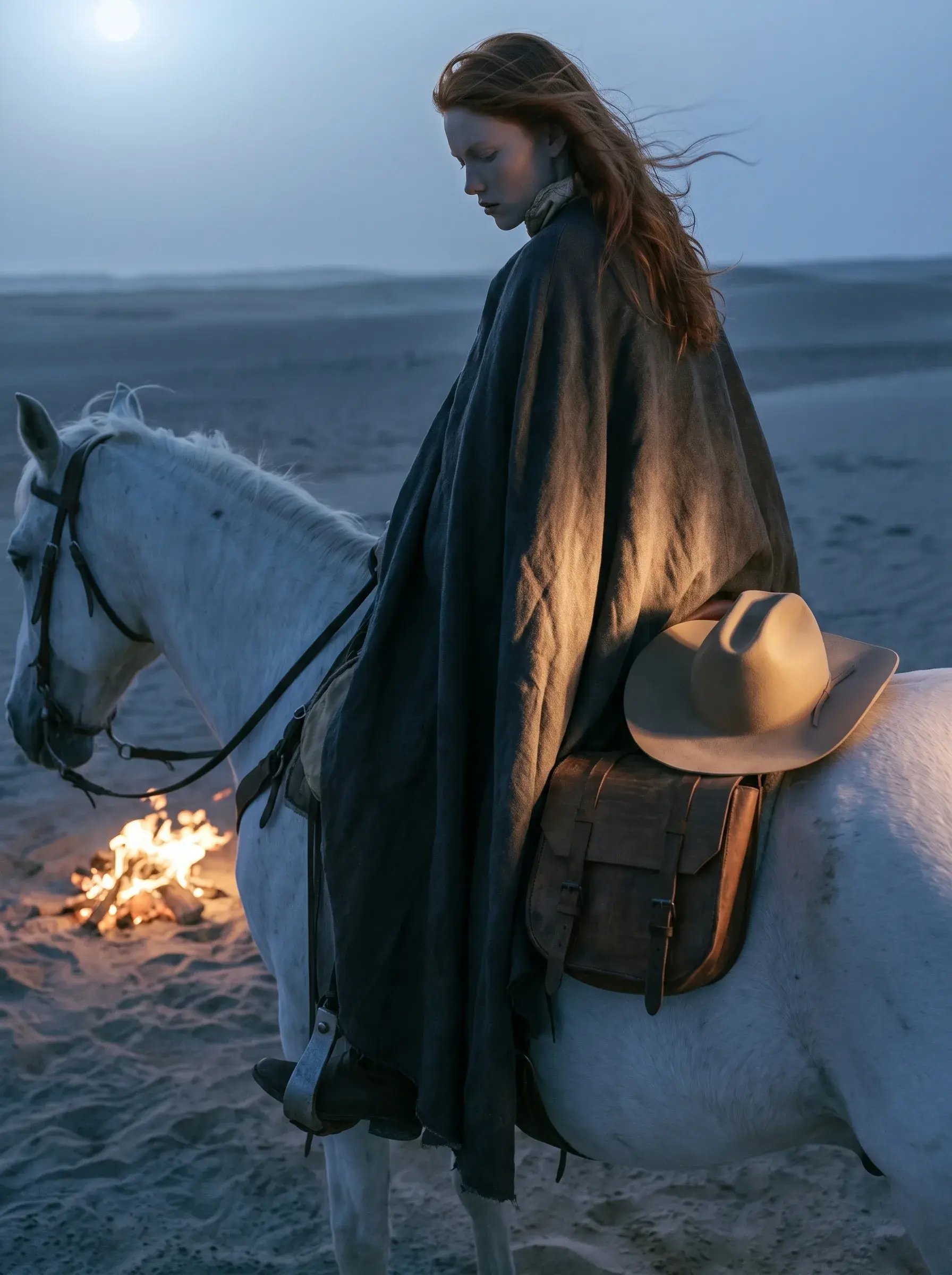 Cavalière rousse en cape sombre sur cheval blanc au clair de lune près d'un feu de camp