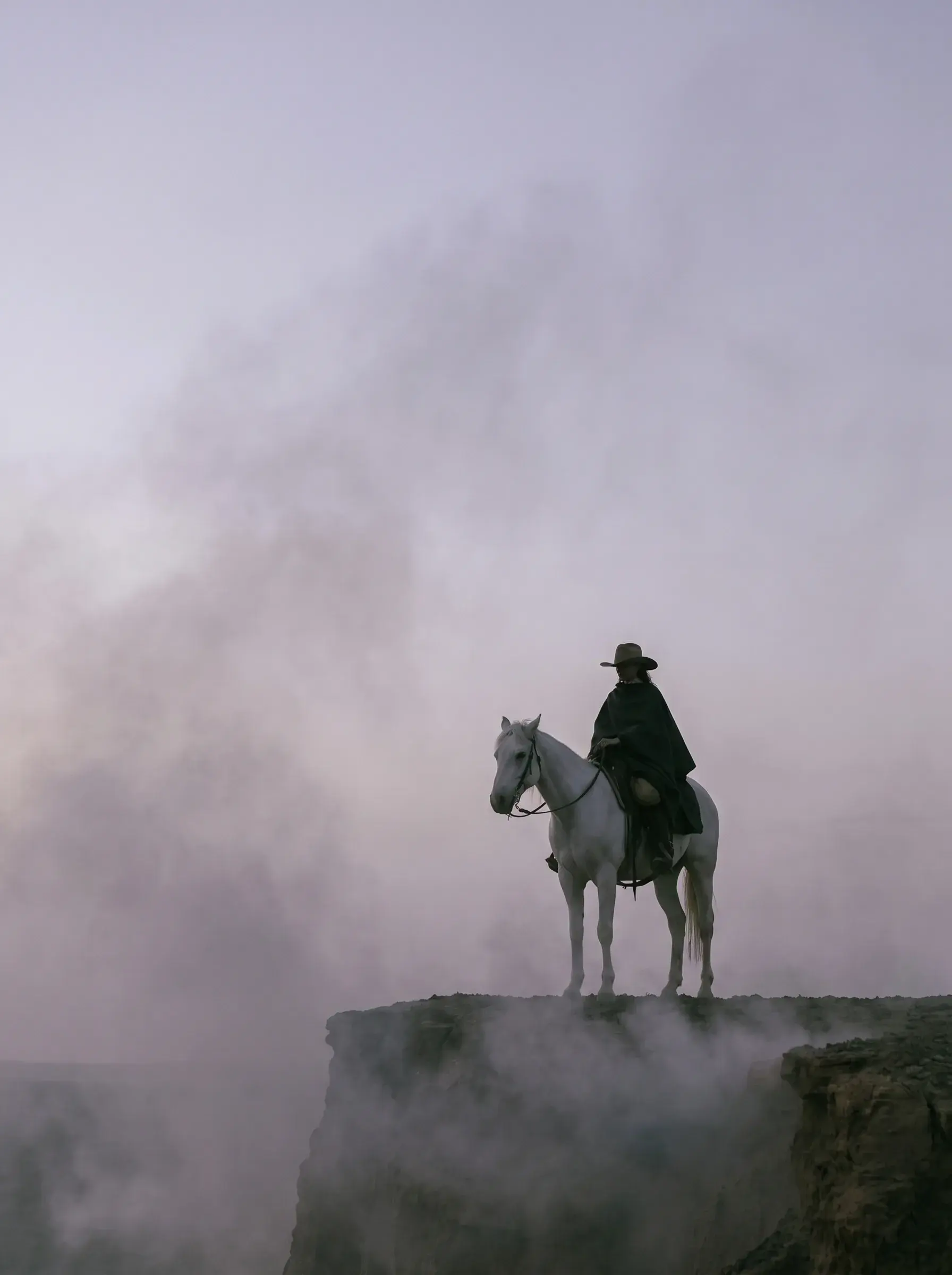 Cavalière sur cheval blanc au bord d'une falaise dans les nuages de vapeur au crépuscule violet