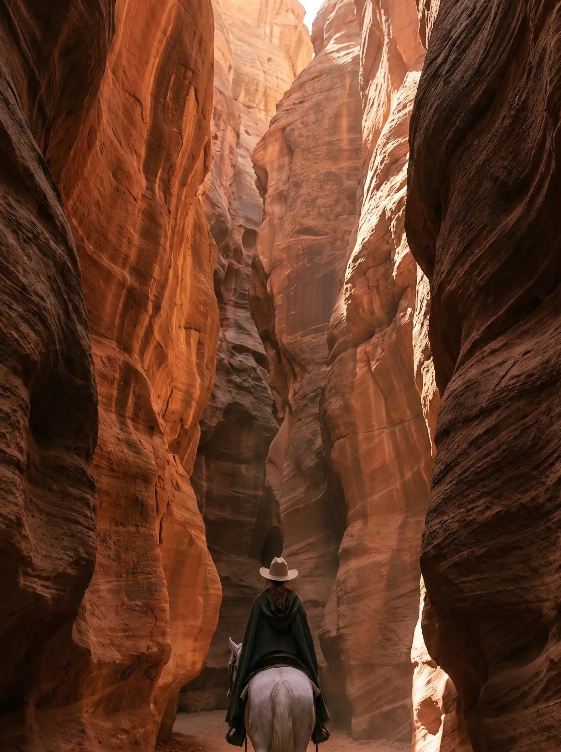 Cavalière sur cheval blanc de dos dans un slot canyon aux parois de grès rouge-orangé