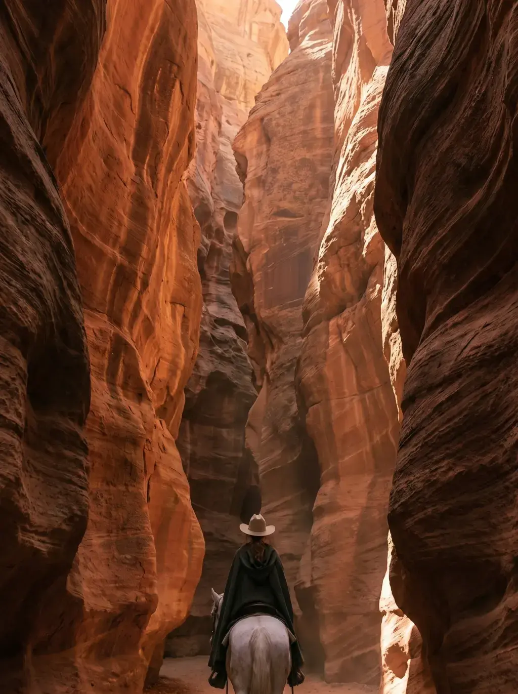 Cavalière sur cheval blanc de dos dans un slot canyon aux parois de grès rouge-orangé