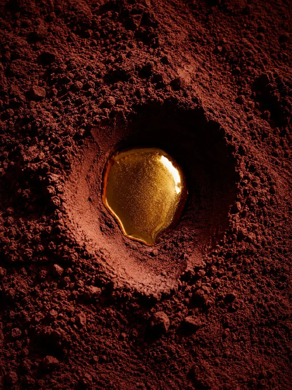 Cavité circulaire dans poudre de cacao avec goutte de caramel – vue de dessus, macro, texture